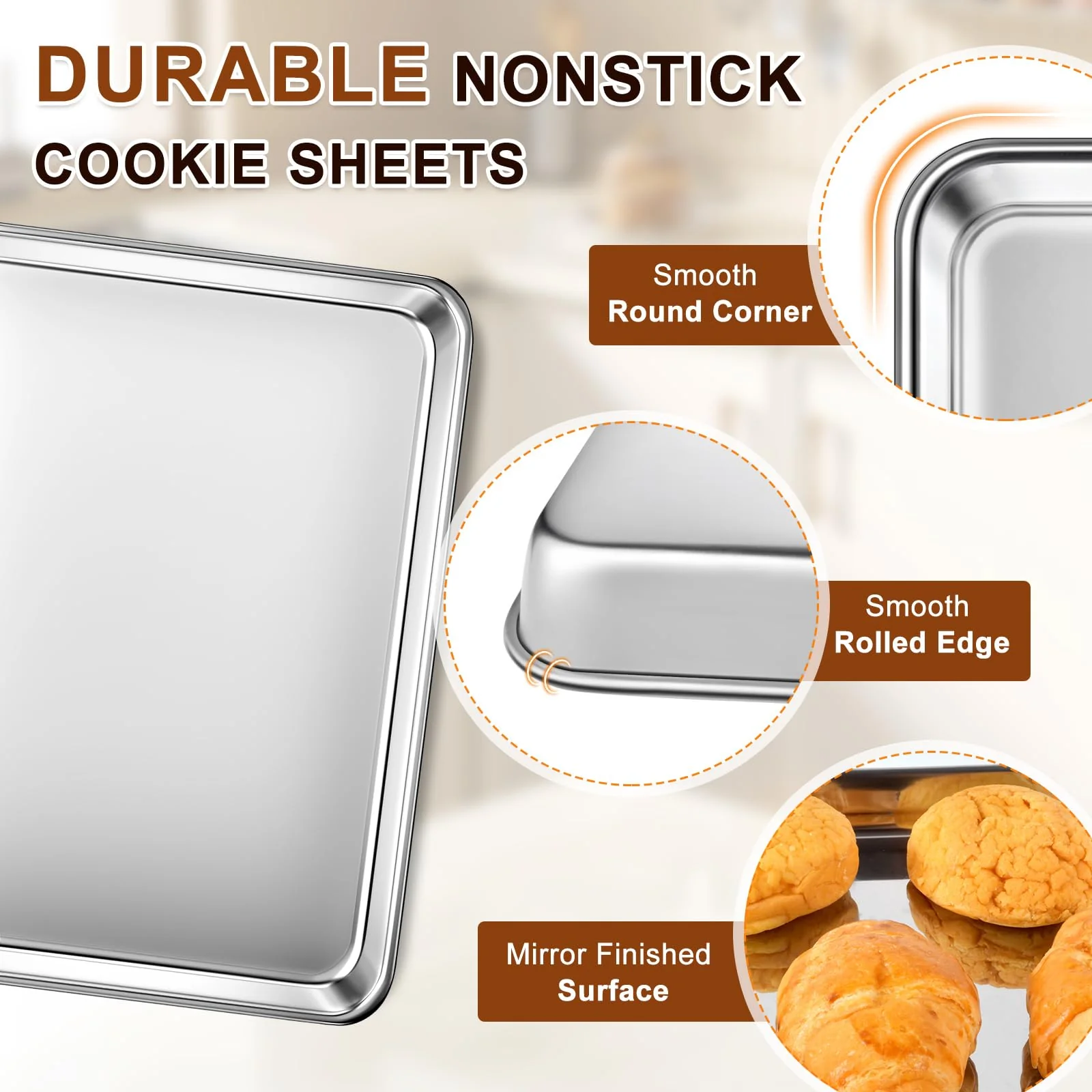 Baking Sheet Set of 3, Commercial Grade Stainless Steel Cookie Sheets for Baking, 12/16/17.5 Inch, Thicker and Firmer Baking Pans Set, Rust & Warp Resistant & Nonstick, Nontoxic&Heavy Duty&Easy Clean - Image 4