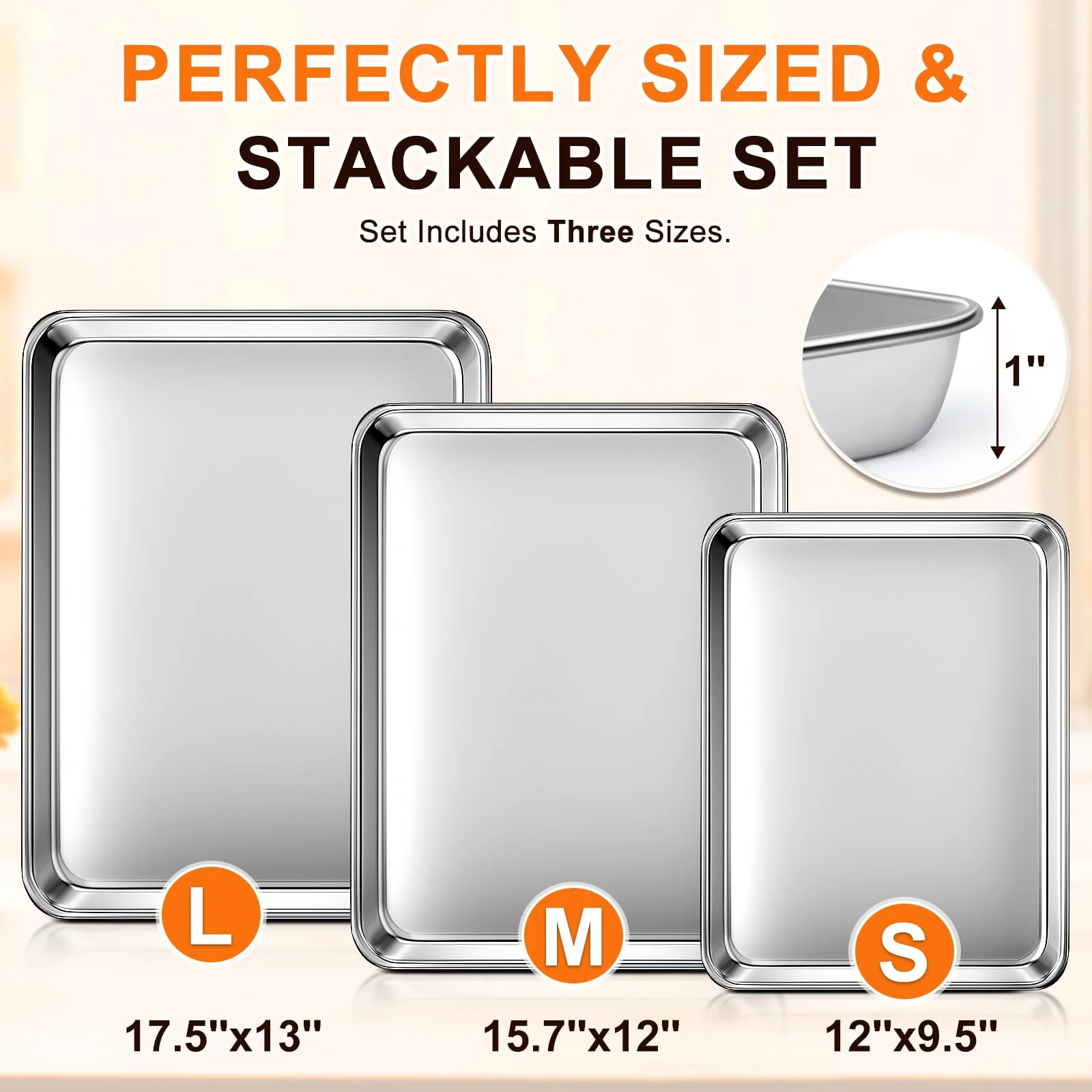 Baking Sheet Set of 3, Commercial Grade Stainless Steel Cookie Sheets for Baking, 12/16/17.5 Inch, Thicker and Firmer Baking Pans Set, Rust & Warp Resistant & Nonstick, Nontoxic&Heavy Duty&Easy Clean - Image 8