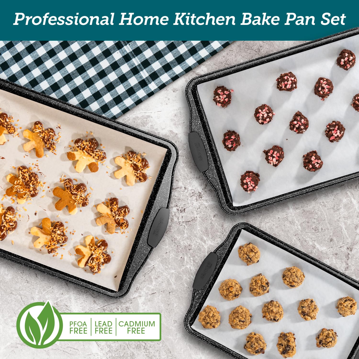 BAKKEN Cookie Sheets for Baking Nonstick Set - 3-Piece Stackable Carbon Steel Baking Sheet Pans Set with Silicone Handles, Non Toxic Cookie Sheets for Baking Bakeware Set - Gray Marble - Image 2