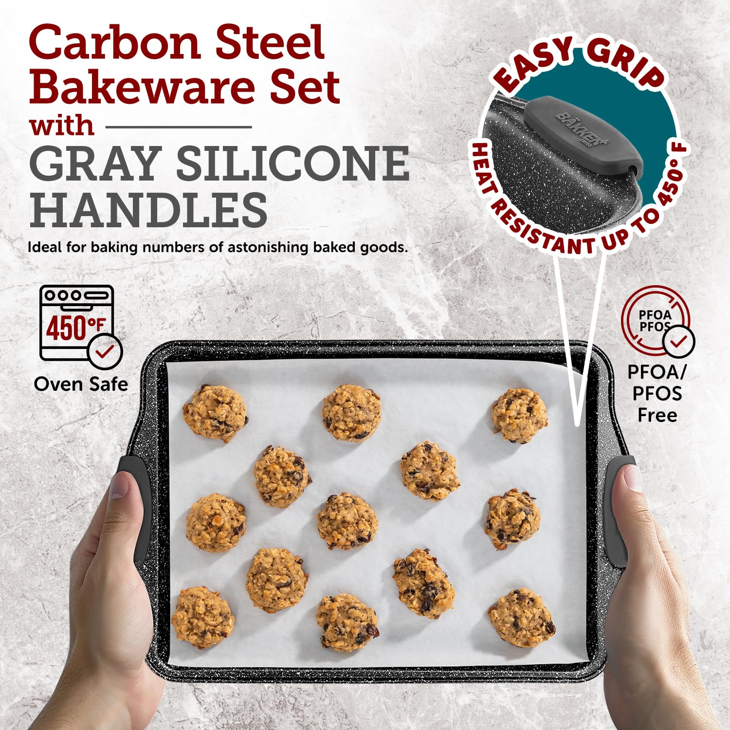 BAKKEN Cookie Sheets for Baking Nonstick Set - 3-Piece Stackable Carbon Steel Baking Sheet Pans Set with Silicone Handles, Non Toxic Cookie Sheets for Baking Bakeware Set - Gray Marble - Image 3