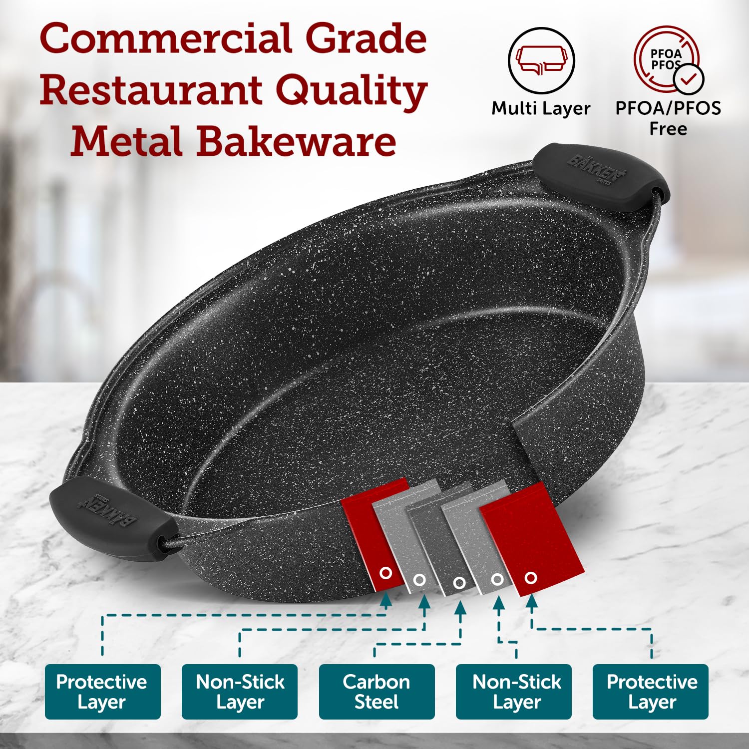 BAKKEN Cookie Sheets for Baking Nonstick Set - 3-Piece Stackable Carbon Steel Baking Sheet Pans Set with Silicone Handles, Non Toxic Cookie Sheets for Baking Bakeware Set - Gray Marble - Image 4