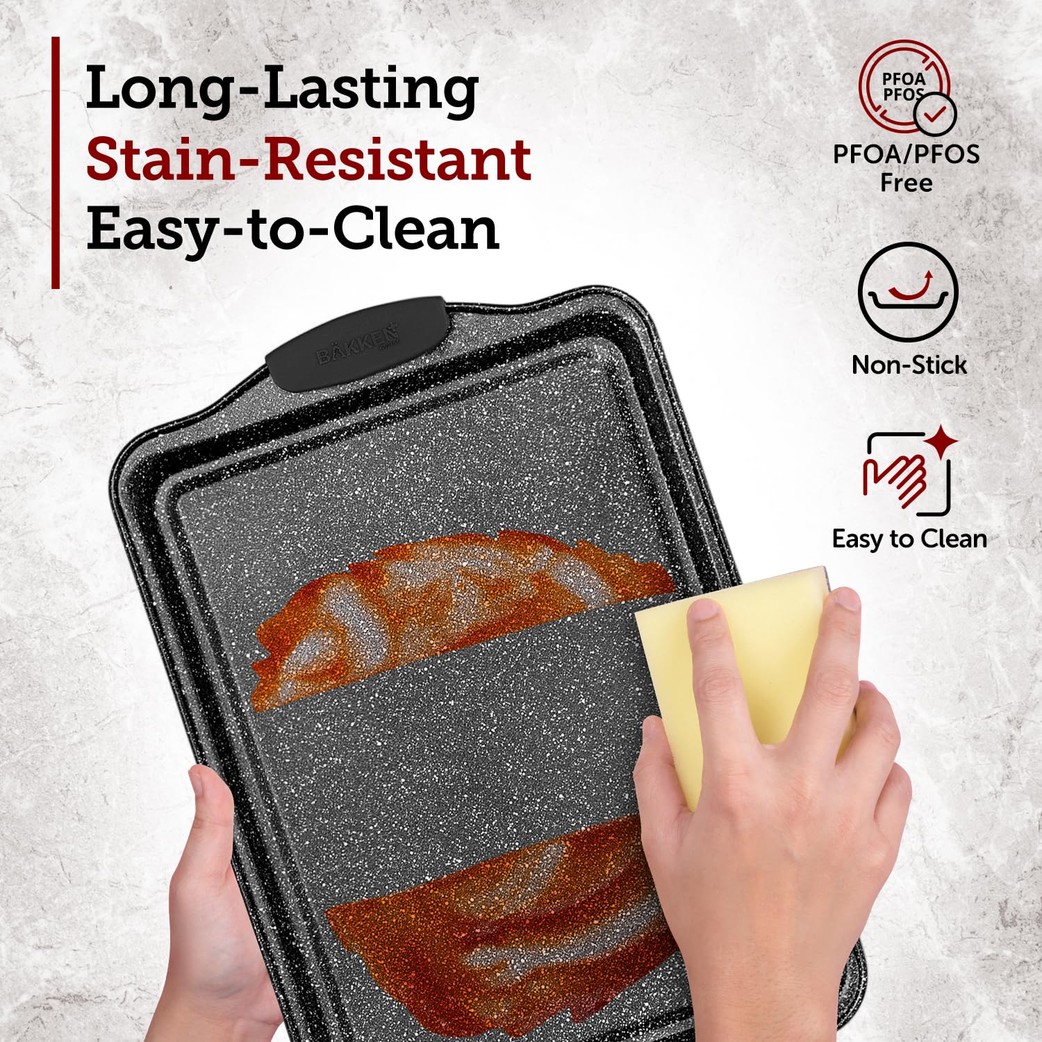 BAKKEN Cookie Sheets for Baking Nonstick Set - 3-Piece Stackable Carbon Steel Baking Sheet Pans Set with Silicone Handles, Non Toxic Cookie Sheets for Baking Bakeware Set - Gray Marble - Image 5