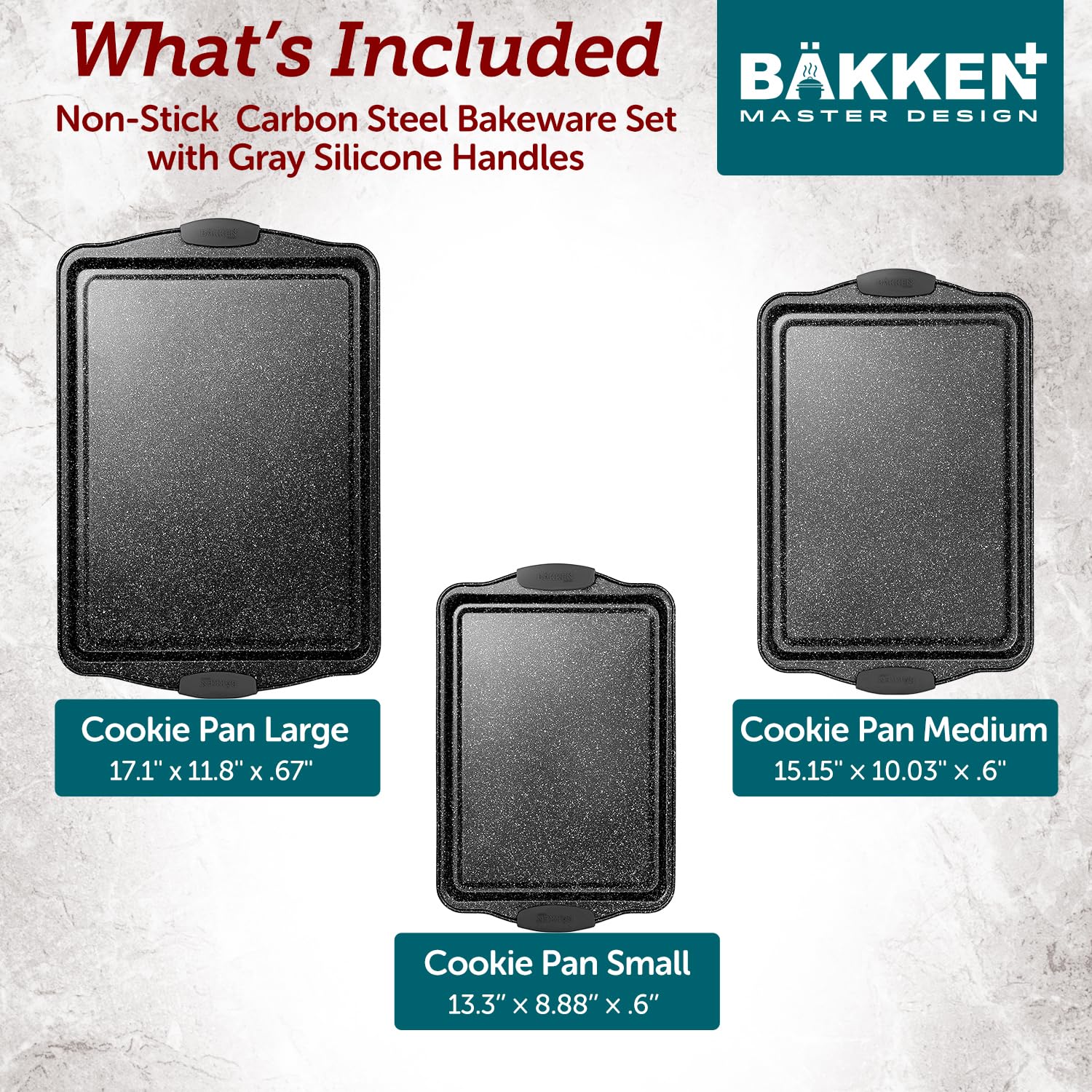 BAKKEN Cookie Sheets for Baking Nonstick Set - 3-Piece Stackable Carbon Steel Baking Sheet Pans Set with Silicone Handles, Non Toxic Cookie Sheets for Baking Bakeware Set - Gray Marble - Image 7
