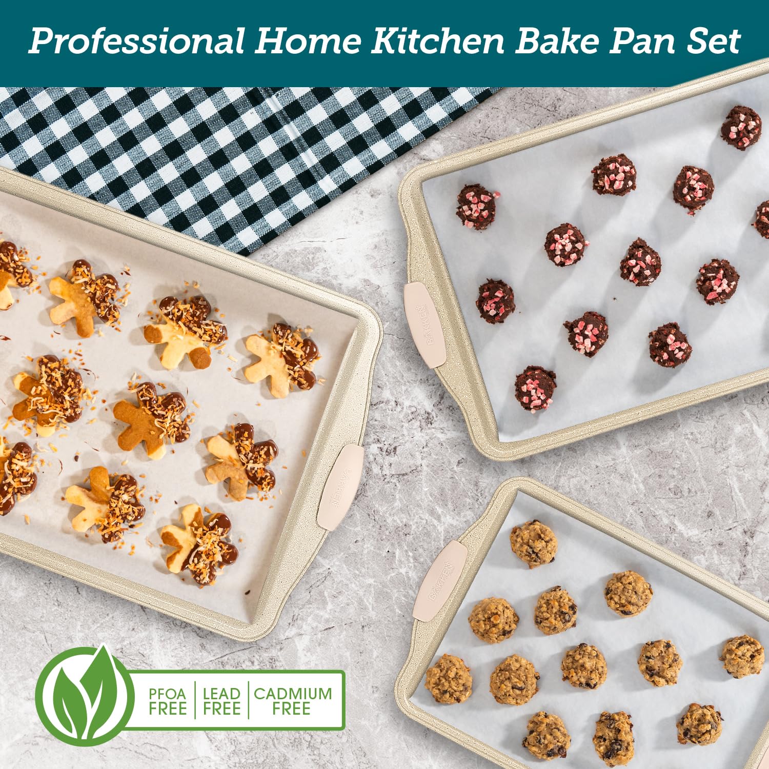 BAKKEN Cookie Sheets for Baking Nonstick Set - 3-Piece Stackable Carbon Steel Baking Sheet Pans Set with Silicone Handles, Non Toxic Cookie Sheets for Baking Bakeware Set - White Marble - Image 3