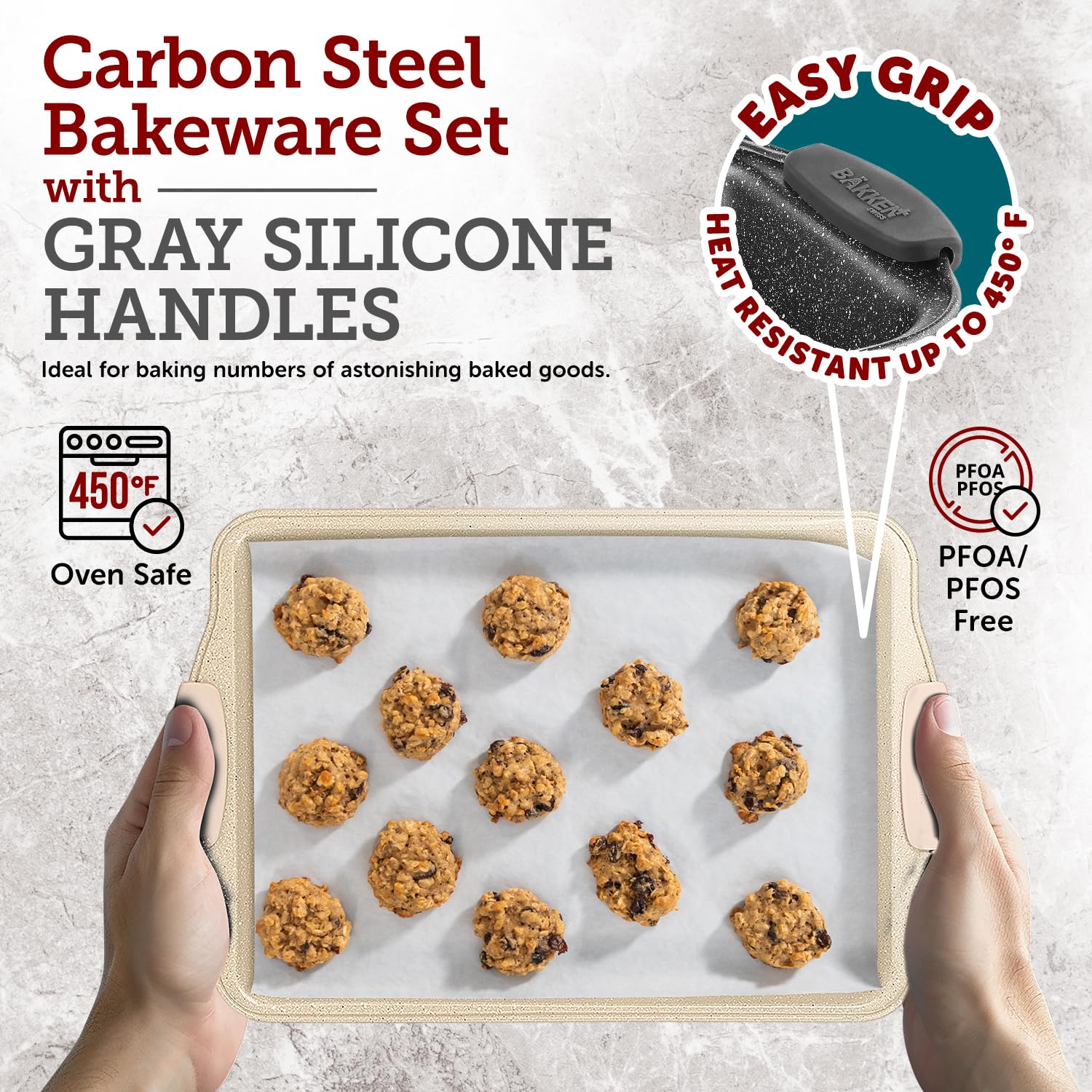 BAKKEN Cookie Sheets for Baking Nonstick Set - 3-Piece Stackable Carbon Steel Baking Sheet Pans Set with Silicone Handles, Non Toxic Cookie Sheets for Baking Bakeware Set - White Marble - Image 4