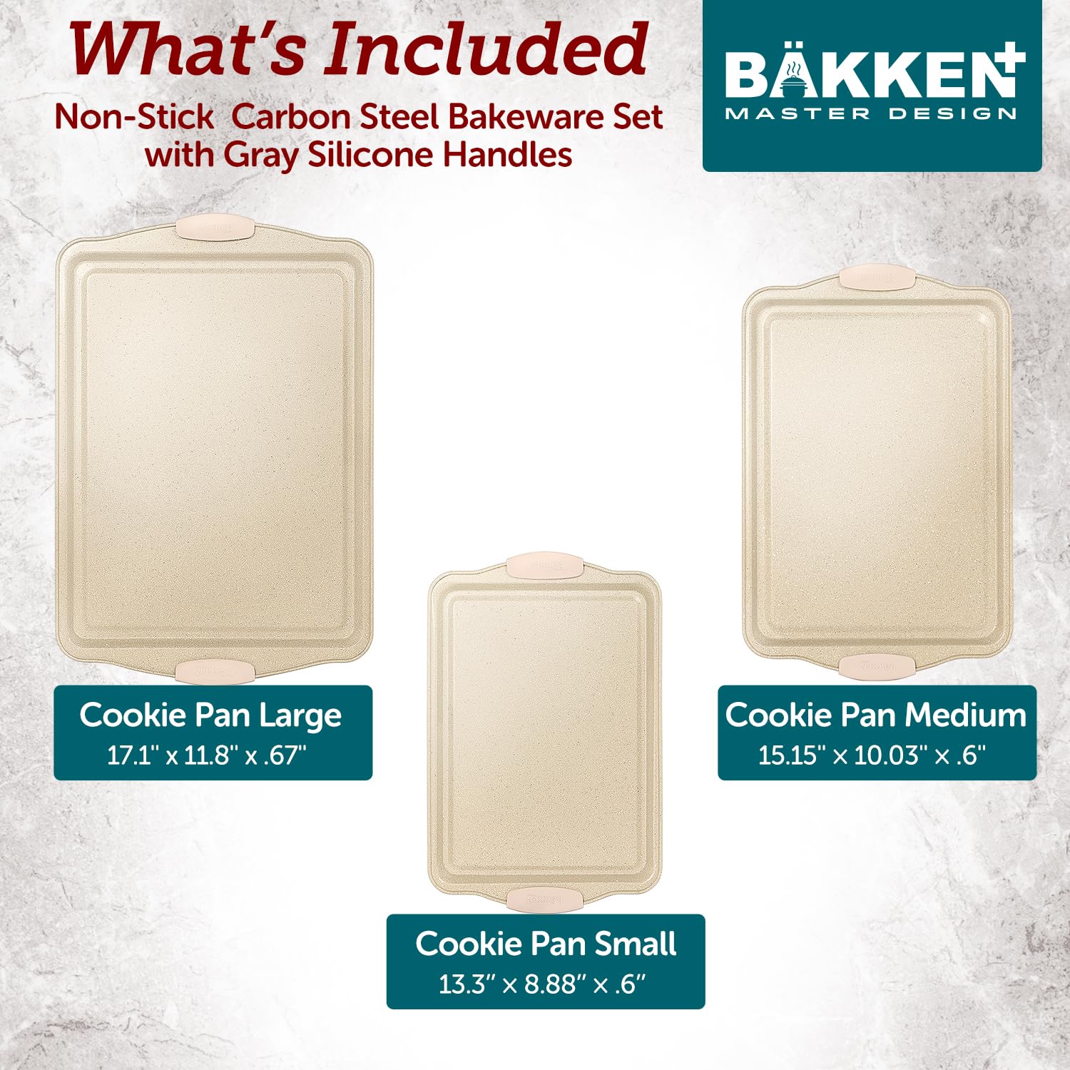 BAKKEN Cookie Sheets for Baking Nonstick Set - 3-Piece Stackable Carbon Steel Baking Sheet Pans Set with Silicone Handles, Non Toxic Cookie Sheets for Baking Bakeware Set - White Marble - Image 7