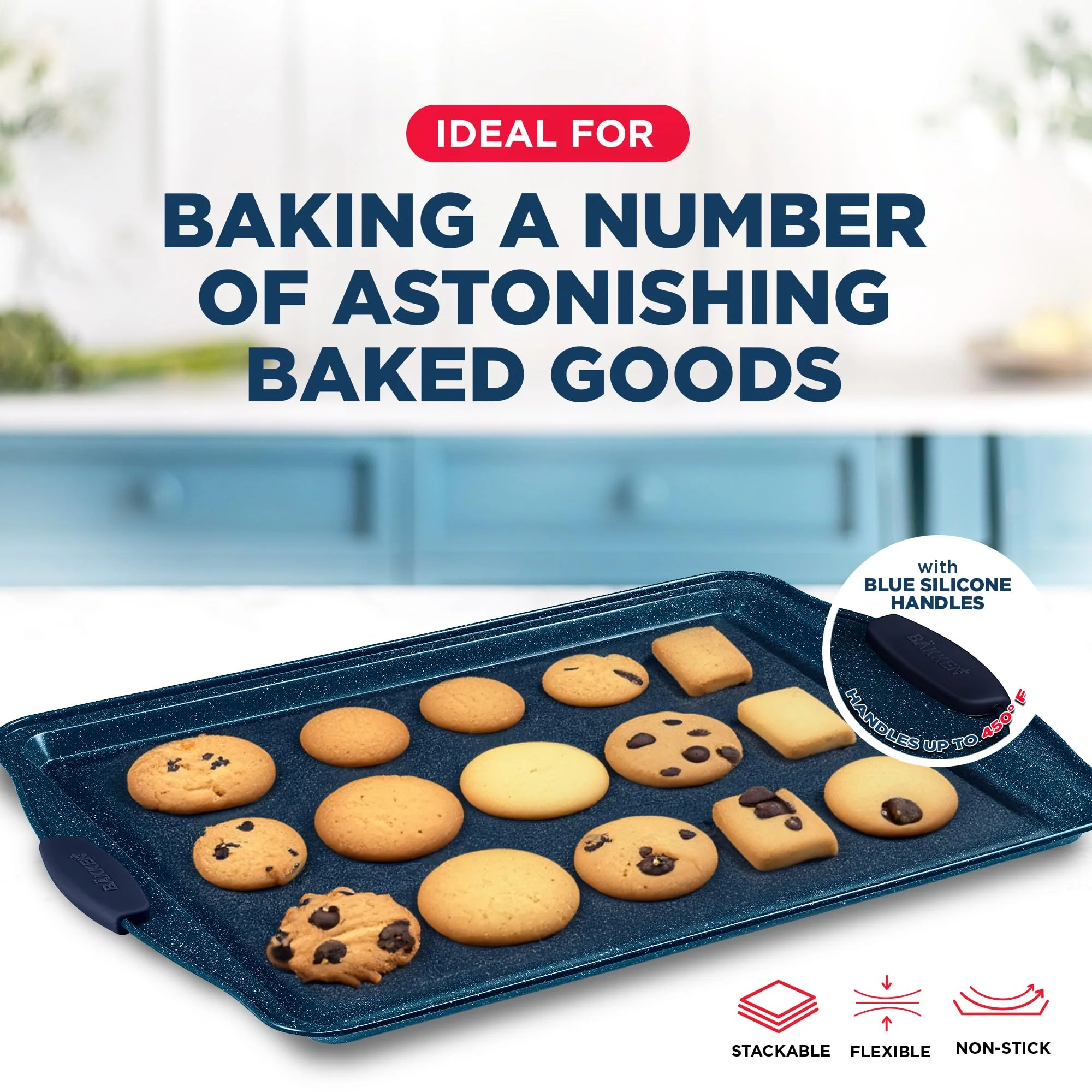 BAKKEN Kitchen Baking Pan Set - Nonstick Coating, Carbon Steel Bakeware Sets with Blue Silicone Handles, Baking Kitchen Essentials, PFOA, PFOS, PTFE Free, Oven Safe Tray (Up To 450° F), Set of 3 - Image 3