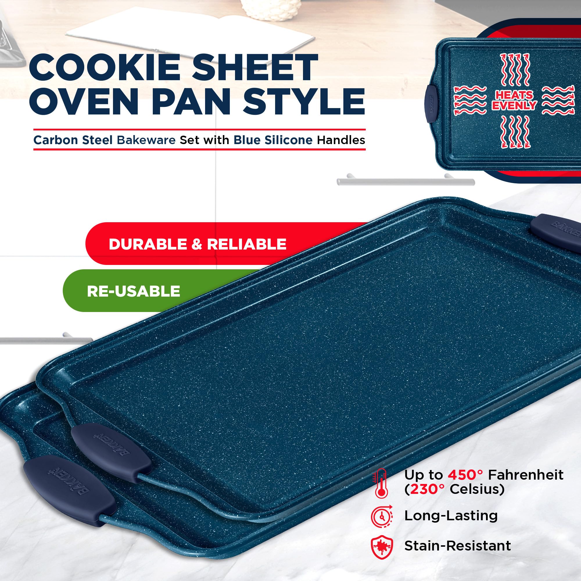 BAKKEN Kitchen Baking Pan Set - Nonstick Coating, Carbon Steel Bakeware Sets with Blue Silicone Handles, Baking Kitchen Essentials, PFOA, PFOS, PTFE Free, Oven Safe Tray (Up To 450° F), Set of 3 - Image 4