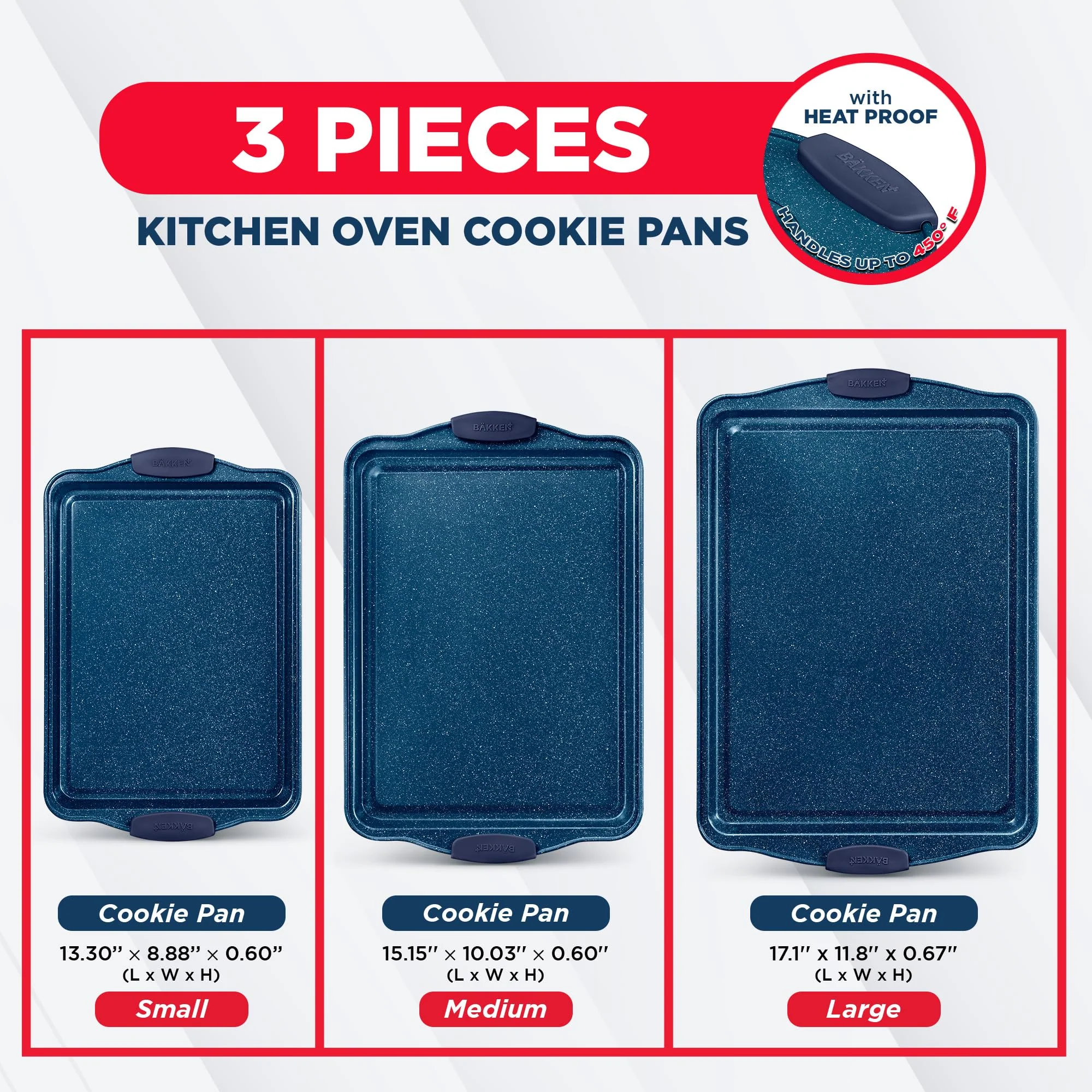 BAKKEN Kitchen Baking Pan Set - Nonstick Coating, Carbon Steel Bakeware Sets with Blue Silicone Handles, Baking Kitchen Essentials, PFOA, PFOS, PTFE Free, Oven Safe Tray (Up To 450° F), Set of 3 - Image 7