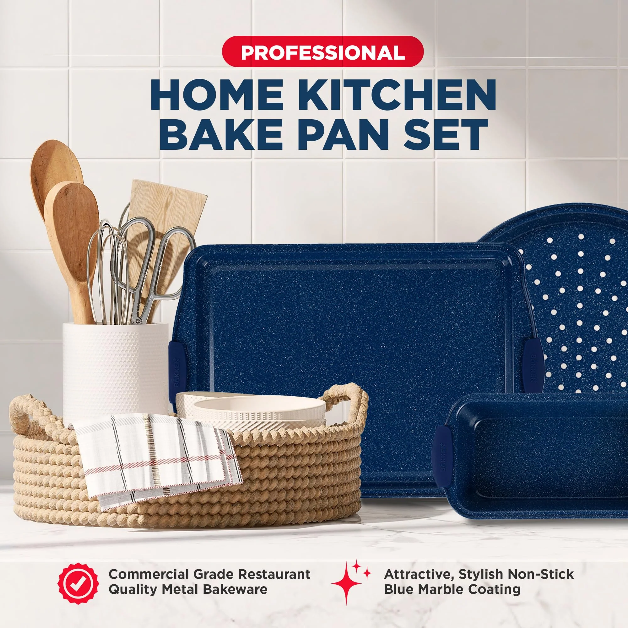 BAKKEN Kitchen Baking Pan Set - Nonstick Coating, Carbon Steel Bakeware Sets with Blue Silicone Handles, Baking Kitchen Essentials, PFOA, PFOS, PTFE Free, Oven Safe Tray (Up To 450° F), Set of 8 - Image 5