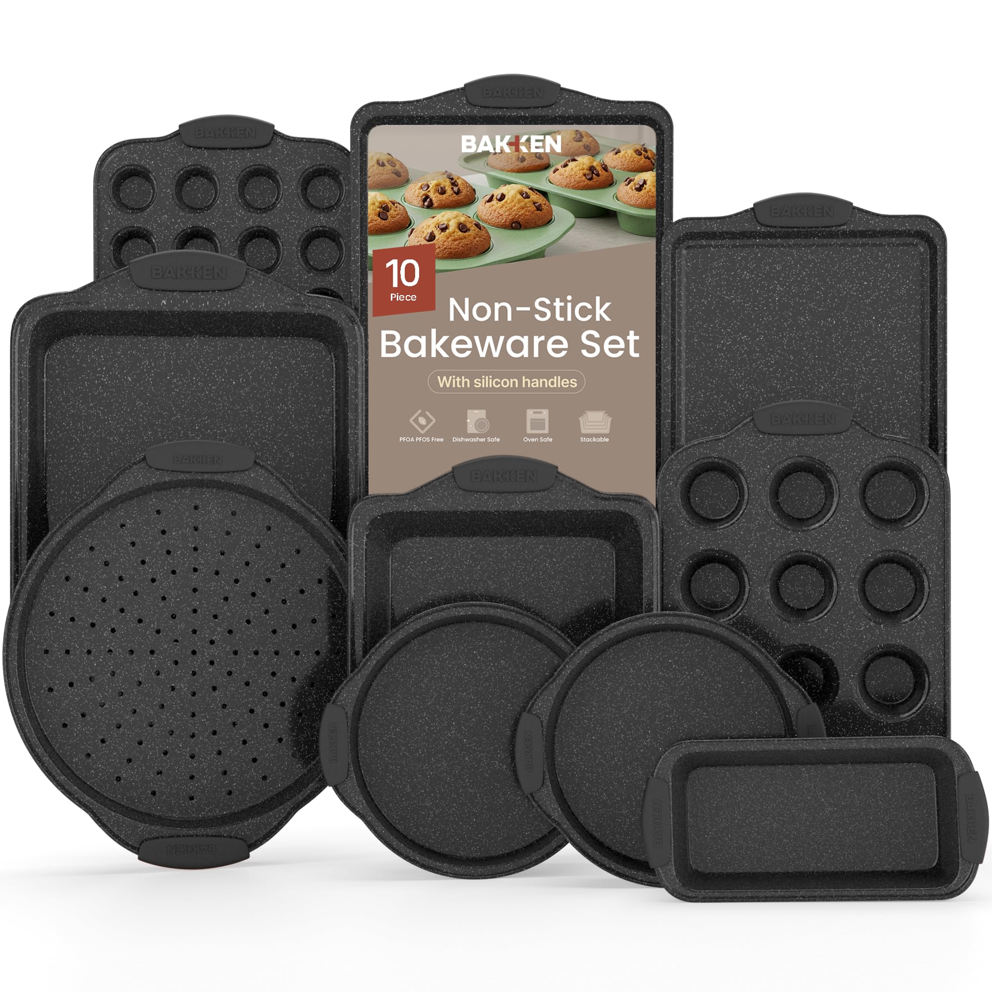 BAKKEN Kitchen Baking Pan Set - Nonstick Coating, Carbon Steel Bakeware Sets with Gray Silicone Handles, Baking Kitchen Essentials, PFOA, PFOS, PTFE Free, Oven Safe Tray (Up To 450° F), Set of 10