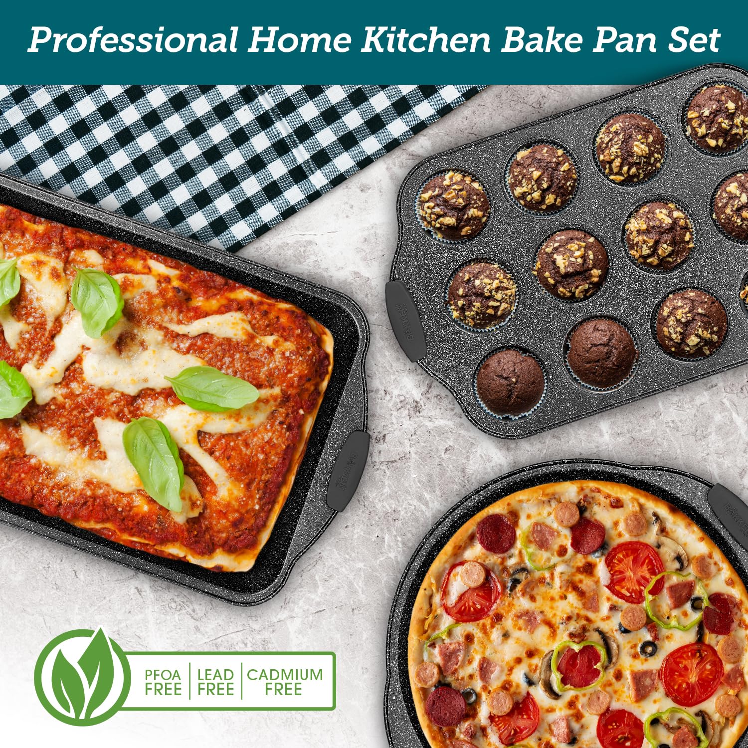 BAKKEN Kitchen Baking Pan Set - Nonstick Coating, Carbon Steel Bakeware Sets with Gray Silicone Handles, Baking Kitchen Essentials, PFOA, PFOS, PTFE Free, Oven Safe Tray (Up To 450° F), Set of 10 - Image 2