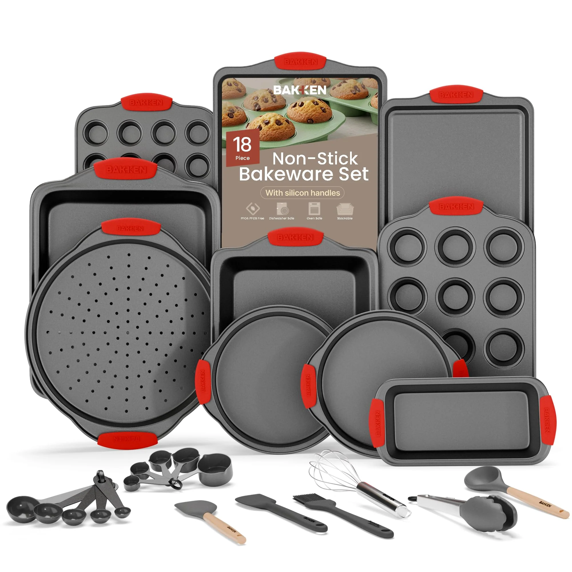 BAKKEN Kitchen Baking Pan Set - Nonstick Coating, Carbon Steel Bakeware Sets with Red Silicone Handles, Baking Kitchen Essentials, PFOA, PFOS, PTFE Free, Oven Safe Tray (Up To 450° F), Set of 18