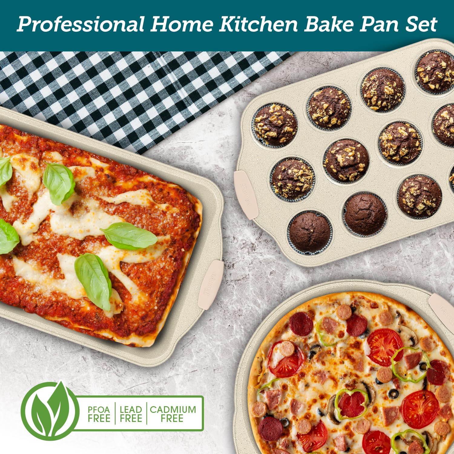 BAKKENMASTER 18-Piece Deluxe Nonstick Carbon Steel Bakeware Set - Professional Kitchen Oven Baking Pans with White Silicone Handles and Accessories - Image 2