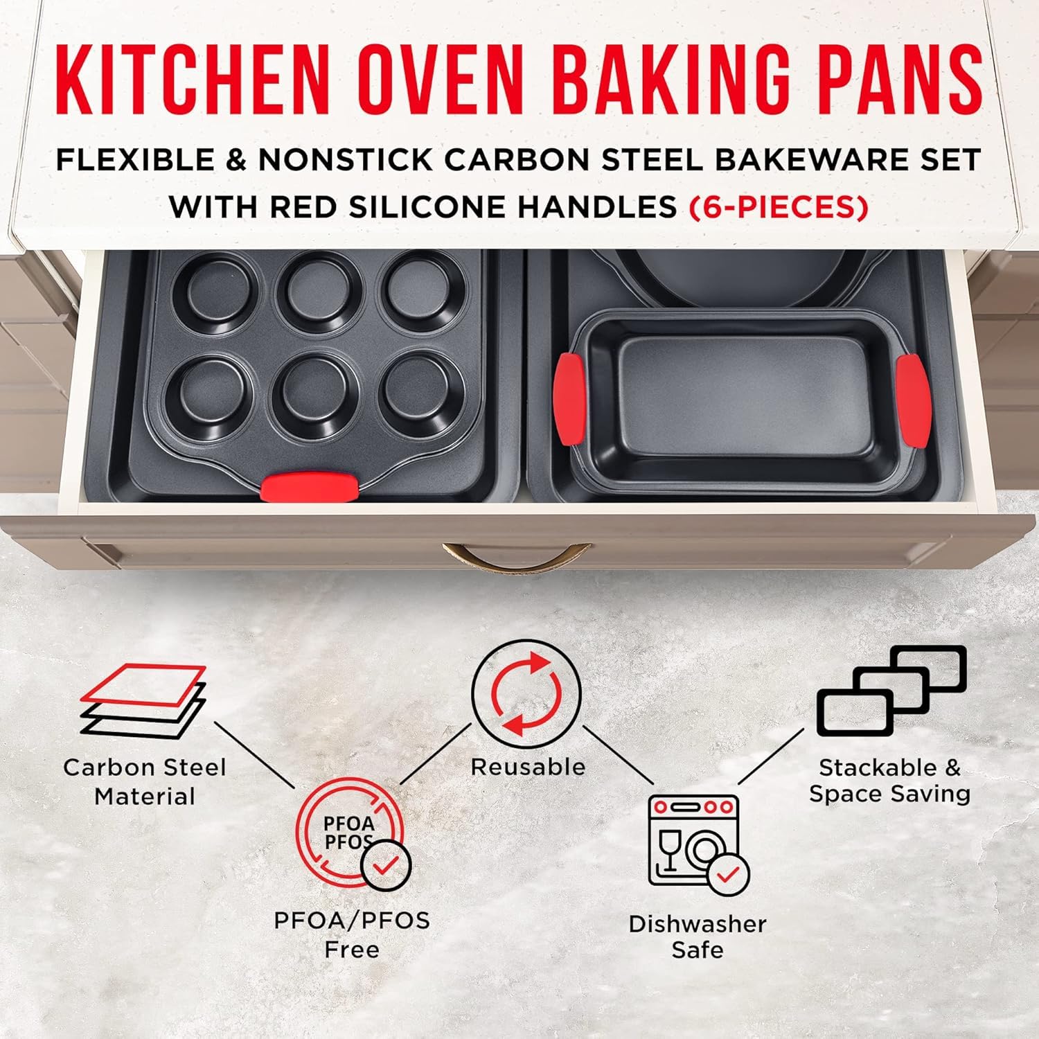 BAKKENMASTER Baking Set – 6 Piece Kitchen Oven Bakeware Set – Deluxe Non-Stick Black Coating Inside and Outside – Carbon Steel – Red Silicone Handles – PFOA PFOS and PTFE Free by Bakken - Image 3