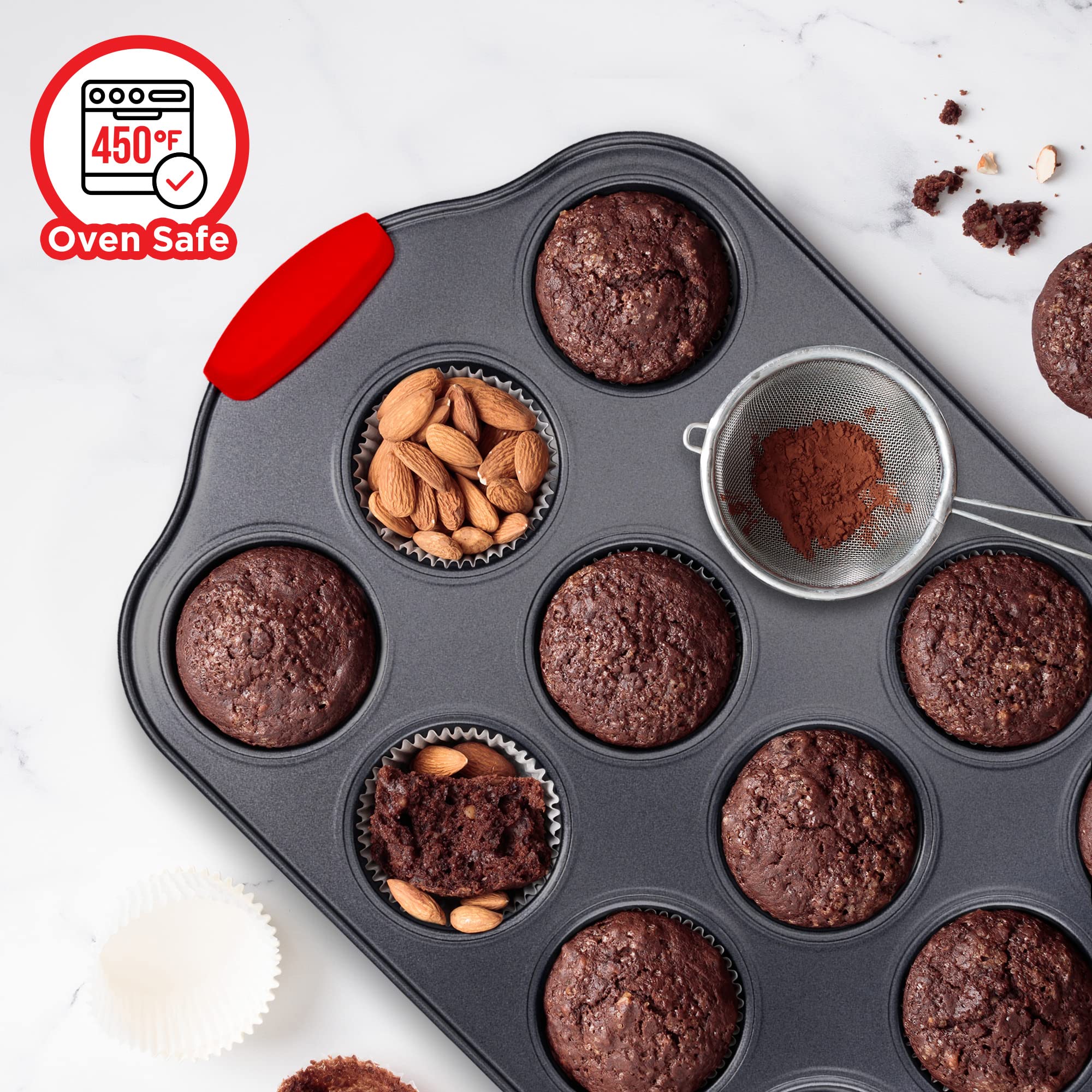 BAKKENMASTER Baking Set – 8 Piece Kitchen Oven Bakeware Set – Deluxe Non-Stick Black Coating Inside and Outside – Carbon Steel – Red Silicone Handles – PFOA PFOS and PTFE Free by Bakken - Image 2