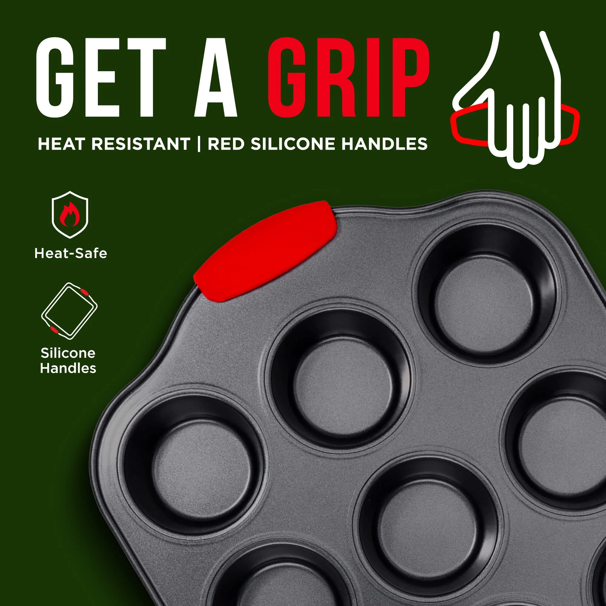 BAKKENMASTER Baking Set – 8 Piece Kitchen Oven Bakeware Set – Deluxe Non-Stick Black Coating Inside and Outside – Carbon Steel – Red Silicone Handles – PFOA PFOS and PTFE Free by Bakken - Image 5