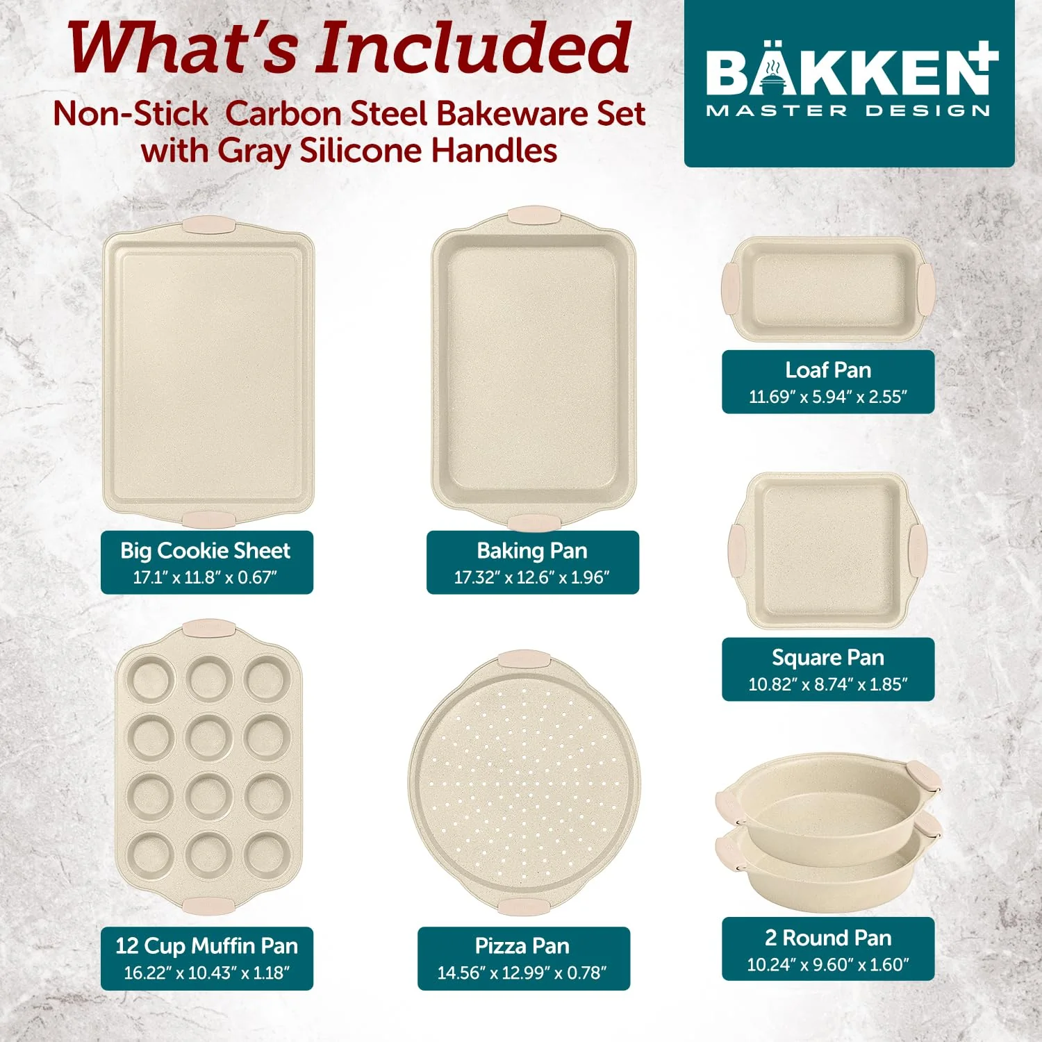 BAKKENMASTER Deluxe 8-Piece Carbon Steel Bakeware Set - Nonstick White Marble Coating, Silicone Handles - Professional Quality Kitchen Oven Baking Pans - Image 7