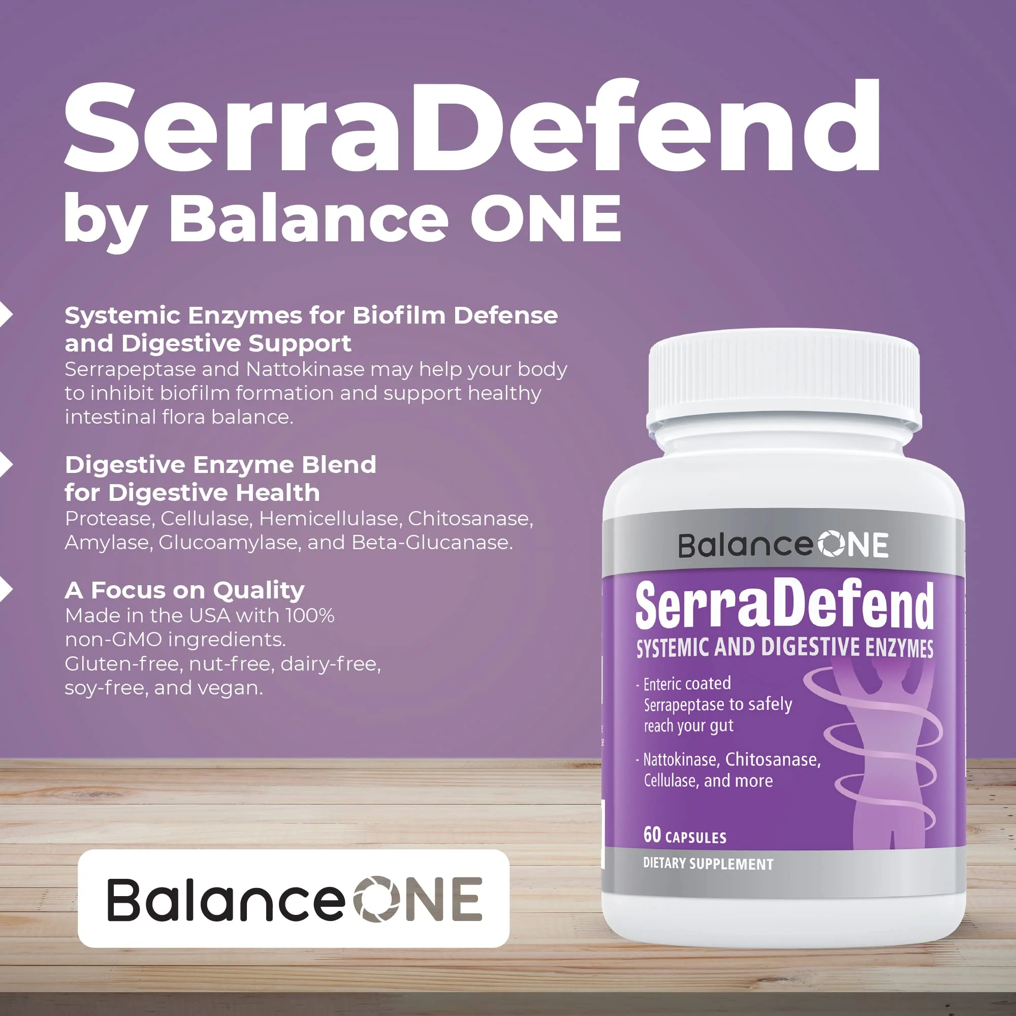 Balance ONE Biofilm Disruptor – Proteolytic Enzymes & Defense Supplement with Serrapeptase & Nattokinase – Systemic & Digestive Support – 60 Capsules, 2 Month Supply – for Women & Men – SerraDefend - Image 3