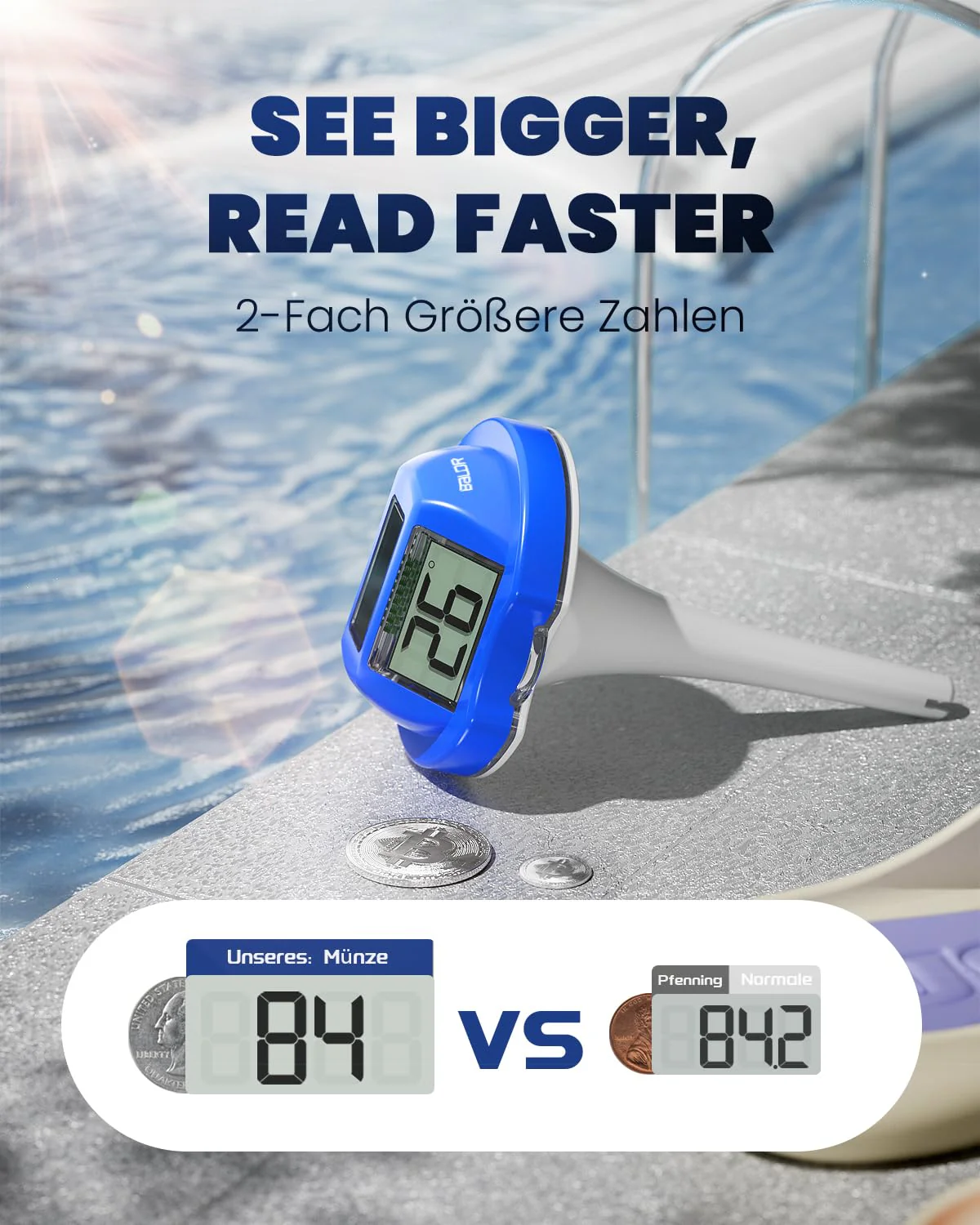 BALDR Pool Thermometer Floating Easy Read, Solar Digital Pool Thermometer with Dual Large Screens, IPX7 Water Temperature Gauge for Inground Above Ground Pools & Spas (Darkblue) - Image 8