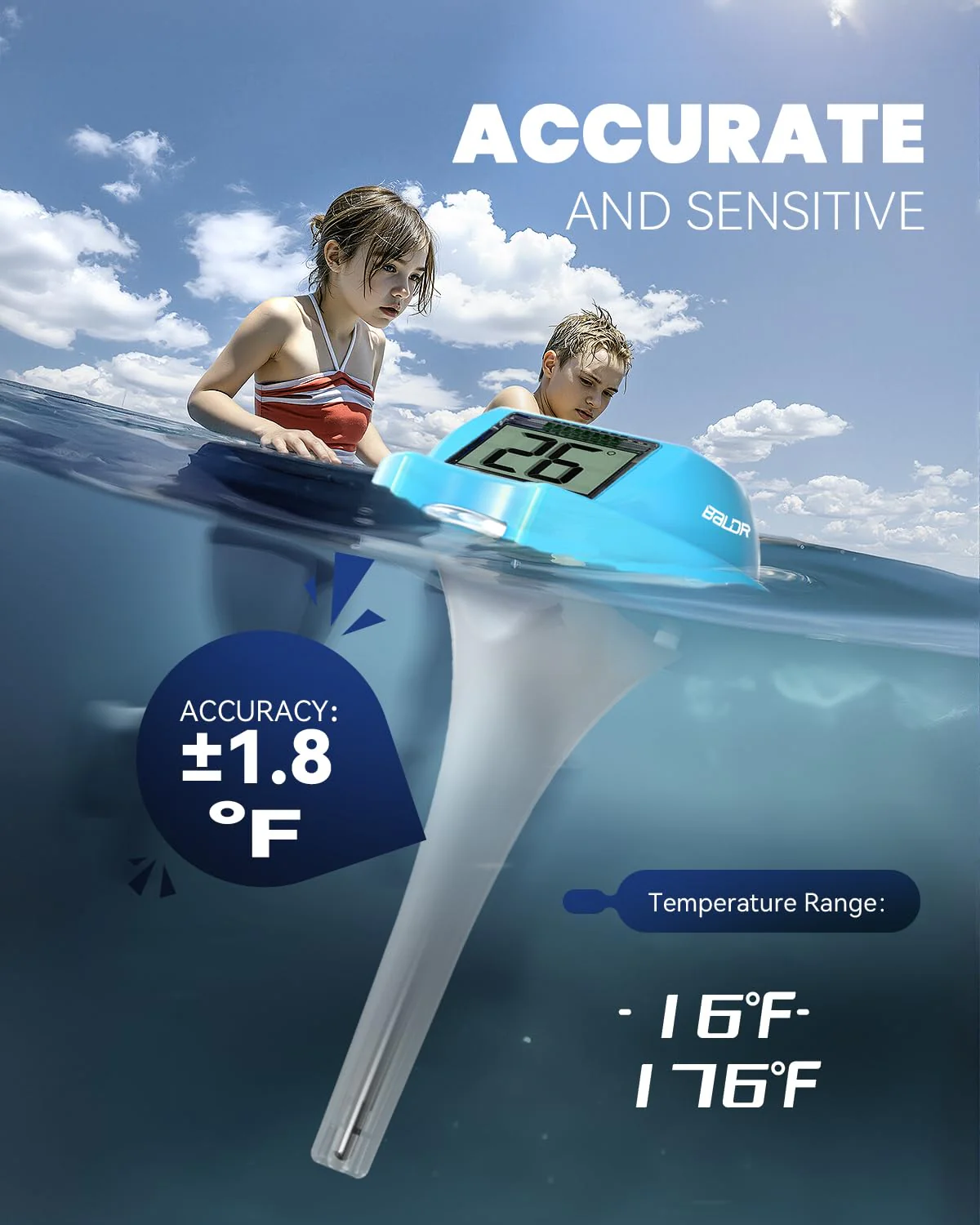 BALDR Pool Thermometer Floating Easy Read, Solar Digital Pool Thermometer with Dual Large Screens, IPX7 Water Temperature Gauge for Inground Above Ground Pools & Spas (Light Blue) - Image 4