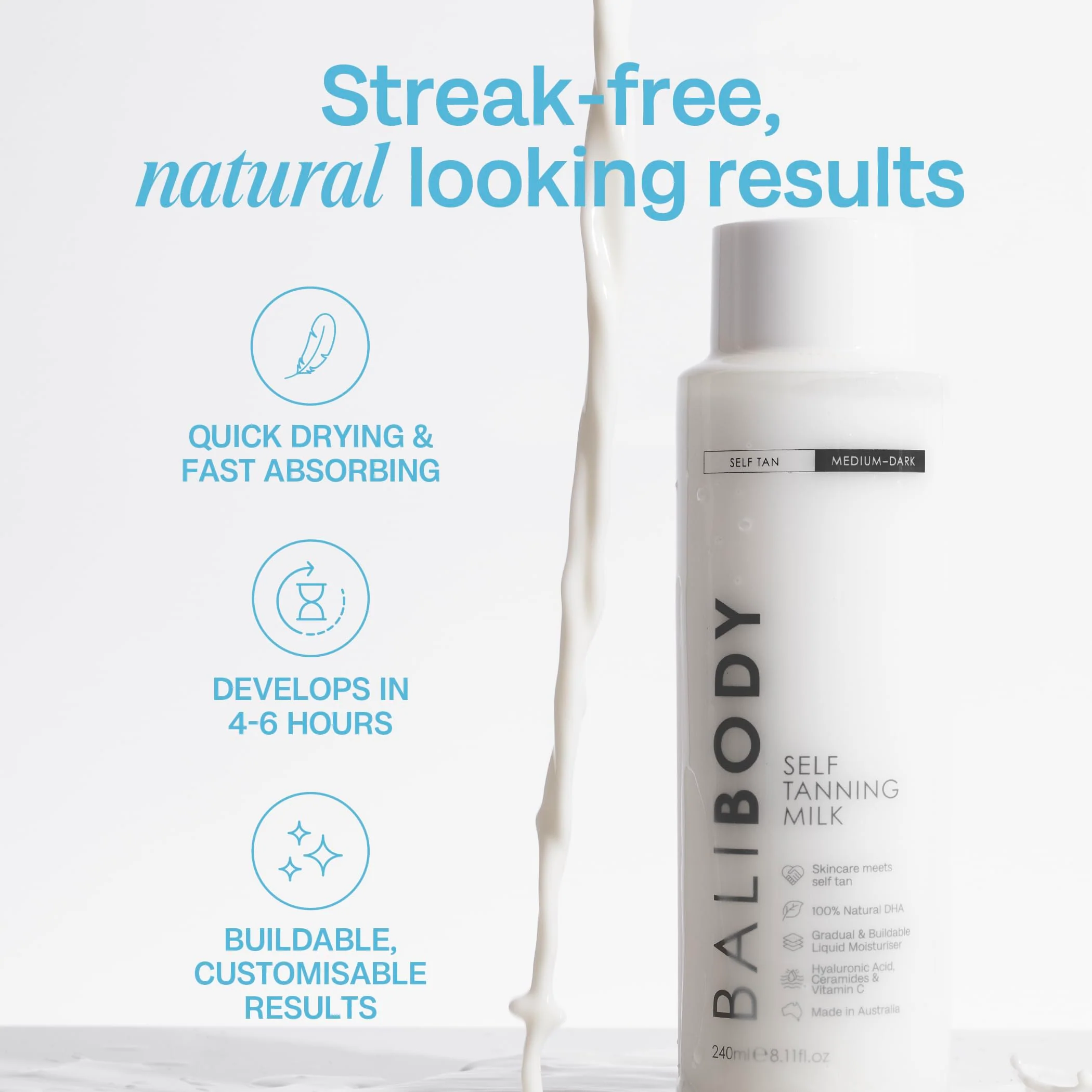 Bali Body Self Tan Milk, Buildable Long-Lasting Gradual Tanning Lotion & Vegan Self Tanner, Lightweight Hydrating Formula, Streak-Free Natural Glow, Cruelty-Free Australian Made, 240ml/8.1 fl oz - Image 4