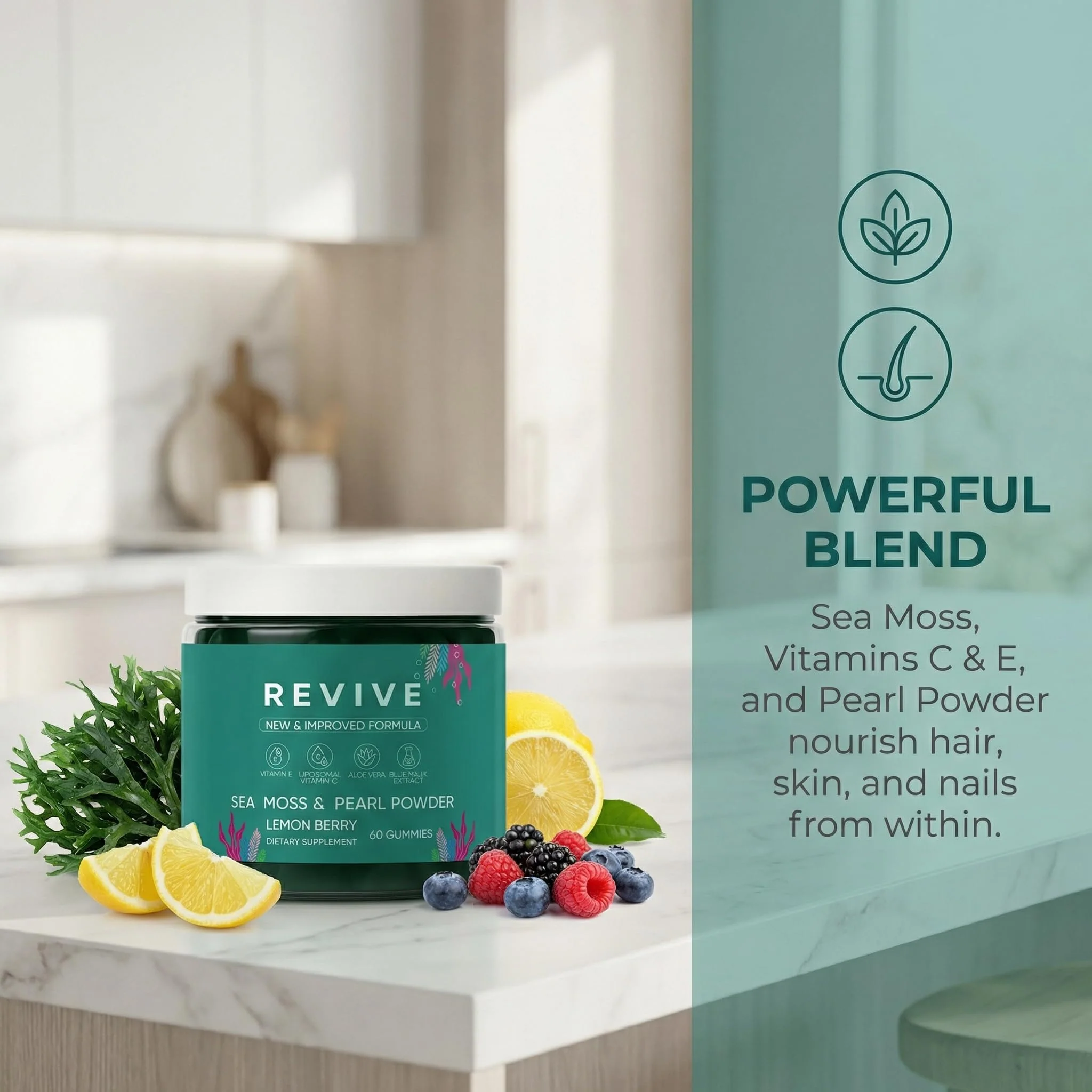 Balmbare Revive Gummies for Hair Loss - Sea Moss Gummies with Vitamin C, Vitamin E, Aloe Vera, Pearl Powder Supports Faster Hair Growth, Stronger Nails, Healthy Skin, Extra Strength - 60 Count - Image 2