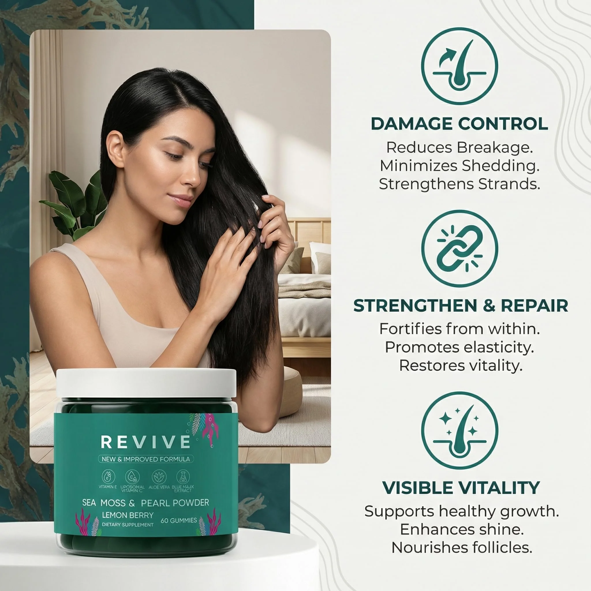Balmbare Revive Gummies for Hair Loss - Sea Moss Gummies with Vitamin C, Vitamin E, Aloe Vera, Pearl Powder Supports Faster Hair Growth, Stronger Nails, Healthy Skin, Extra Strength - 60 Count - Image 4