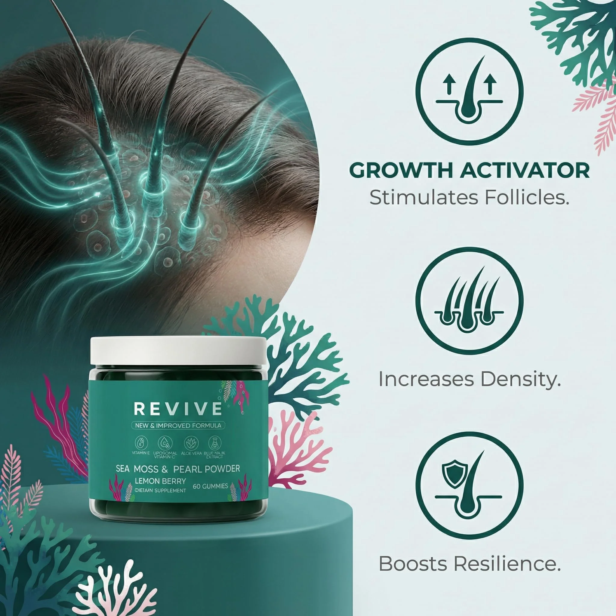 Balmbare Revive Gummies for Hair Loss - Sea Moss Gummies with Vitamin C, Vitamin E, Aloe Vera, Pearl Powder Supports Faster Hair Growth, Stronger Nails, Healthy Skin, Extra Strength - 60 Count - Image 6