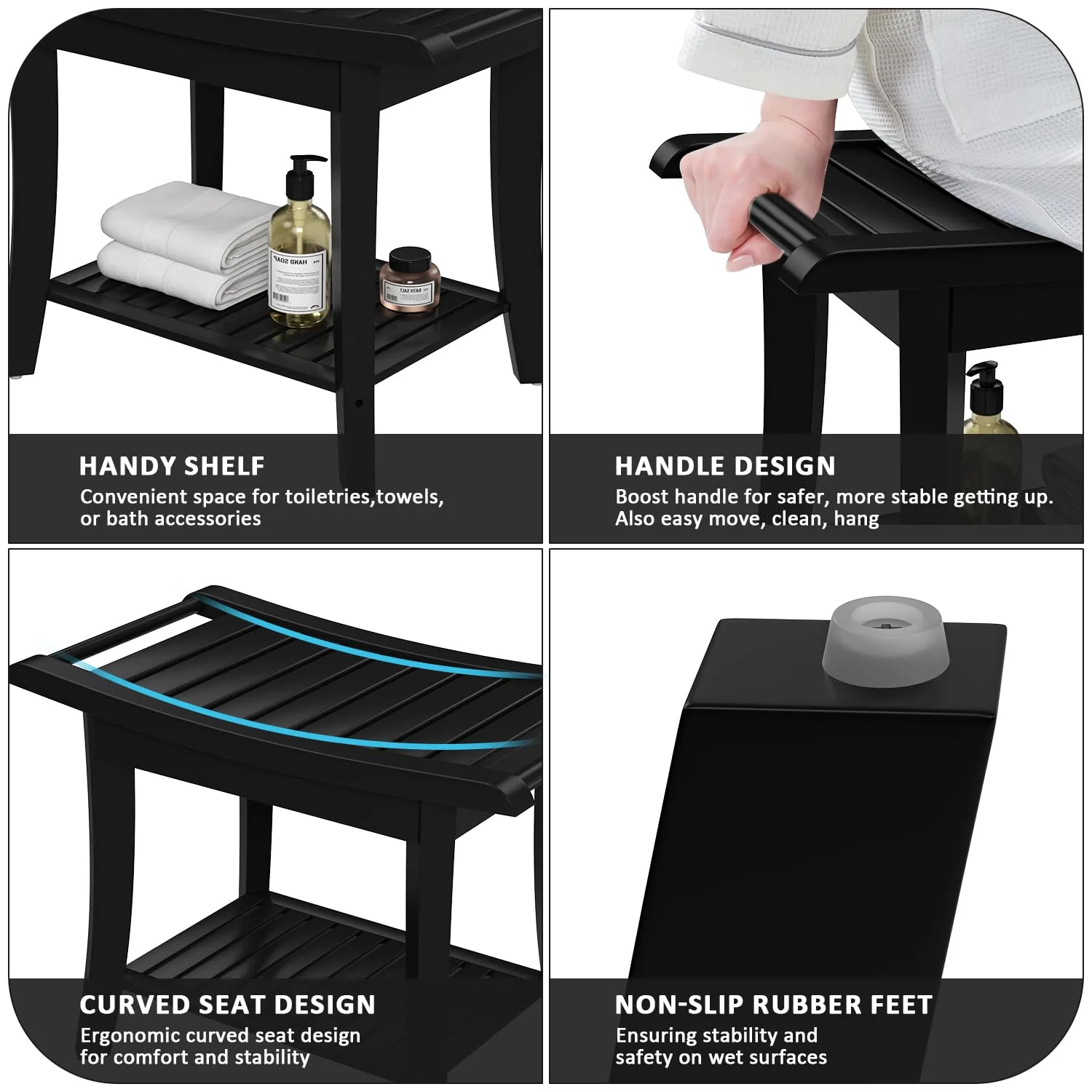 Bamboo Shower Stool Bench Waterproof with Storage Shelf for Shaving Legs or Spa Bath Seat in Bathroom & Inside Shower for Adults Seniors Elderly (24 x 13.4 x 18.5 inches+Black) - Image 4