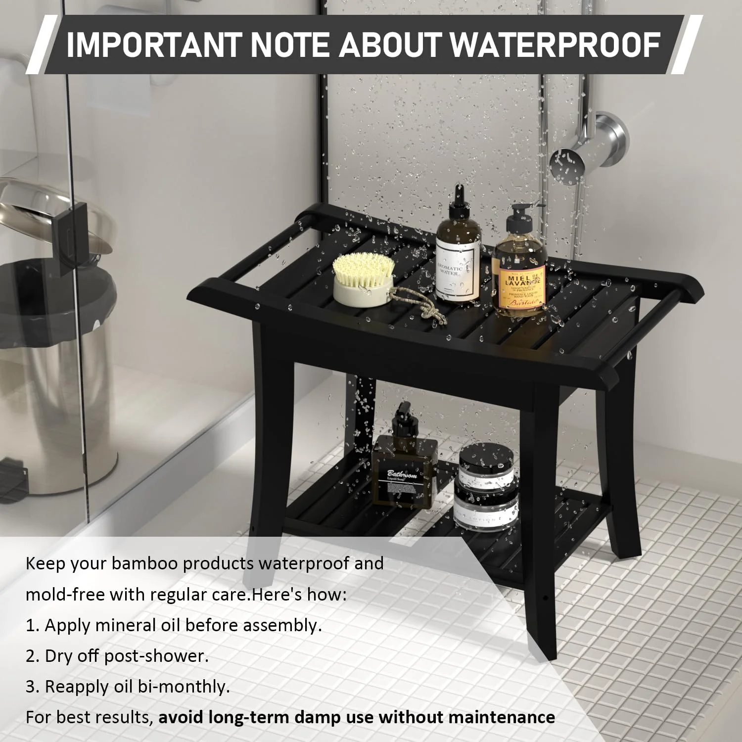 Bamboo Shower Stool Bench Waterproof with Storage Shelf for Shaving Legs or Spa Bath Seat in Bathroom & Inside Shower for Adults Seniors Elderly (24 x 13.4 x 18.5 inches+Black) - Image 5