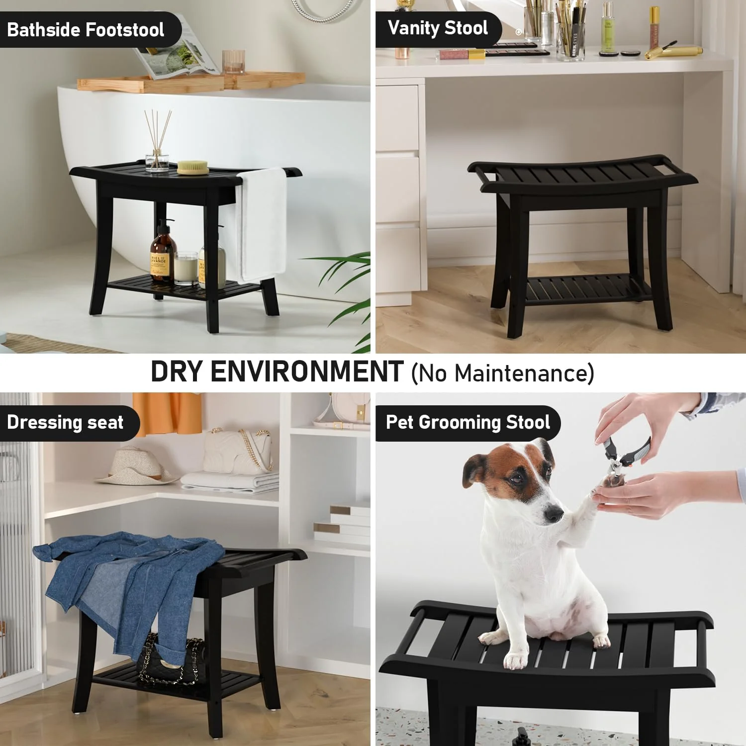 Bamboo Shower Stool Bench Waterproof with Storage Shelf for Shaving Legs or Spa Bath Seat in Bathroom & Inside Shower for Adults Seniors Elderly (24 x 13.4 x 18.5 inches+Black) - Image 7