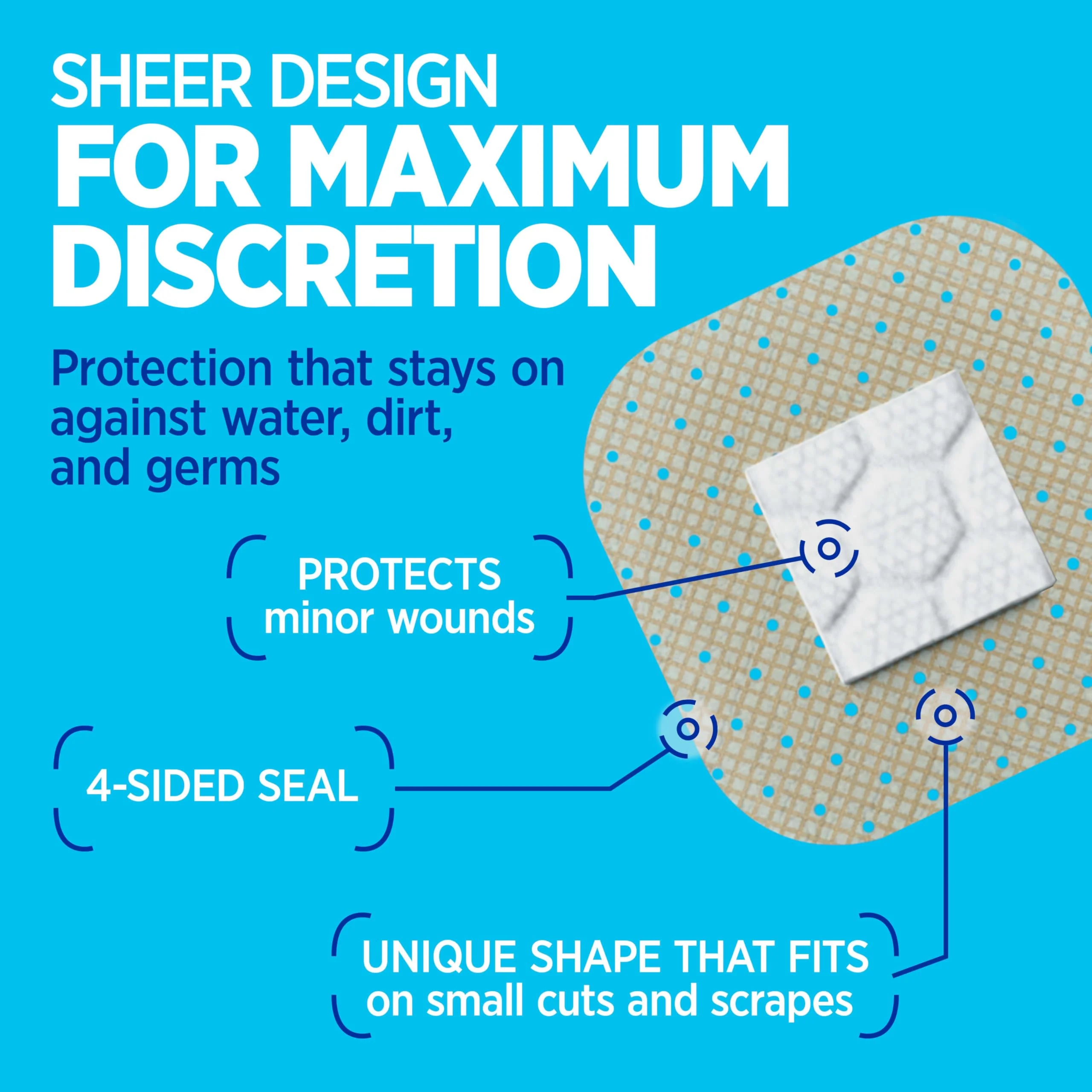 BAND-AID Brand Sheer Spots Adhesive Small Square Bandages, Sterile, Individually Wrapped Discreet First Aid & Wound Care for Minor Cuts & Scrapes, Quilt-Aid Comfort Pads, One Size, 50 ct - Image 3