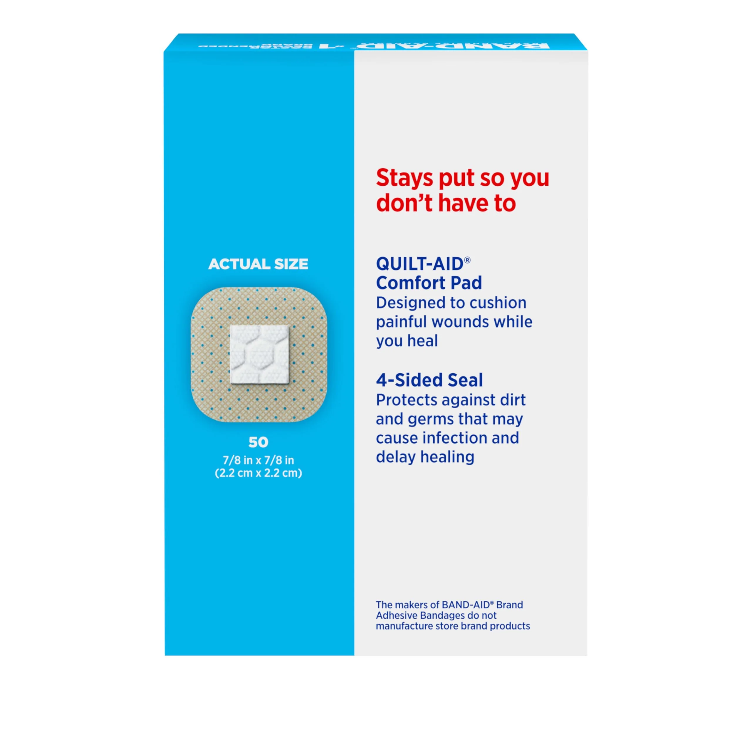 BAND-AID Brand Sheer Spots Adhesive Small Square Bandages, Sterile, Individually Wrapped Discreet First Aid & Wound Care for Minor Cuts & Scrapes, Quilt-Aid Comfort Pads, One Size, 50 ct - Image 6