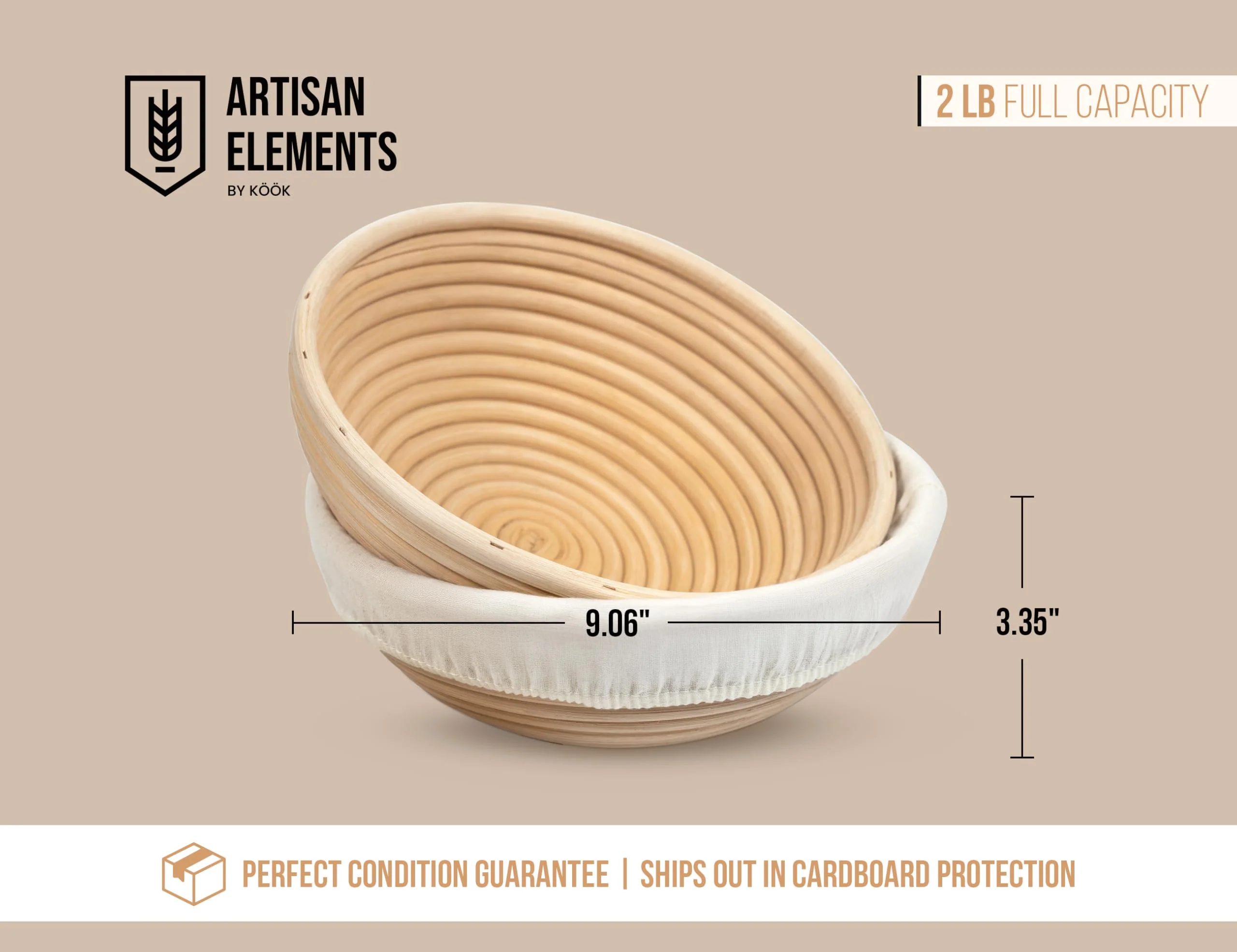 Banneton Bread Proofing Basket, Kook, Sourdough Proofing Bread Basket, Bread Banneton Proofing, Artisan Sourdough Making Baskets, 9 Inch Rattan Baskets and Cloth Liners, Set of 2, Round - Image 2