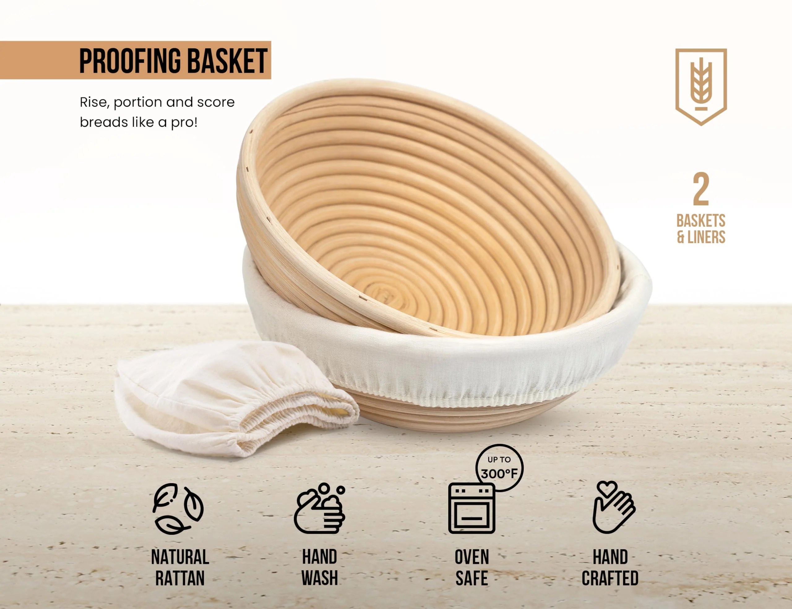 Banneton Bread Proofing Basket, Kook, Sourdough Proofing Bread Basket, Bread Banneton Proofing, Artisan Sourdough Making Baskets, 9 Inch Rattan Baskets and Cloth Liners, Set of 2, Round - Image 3