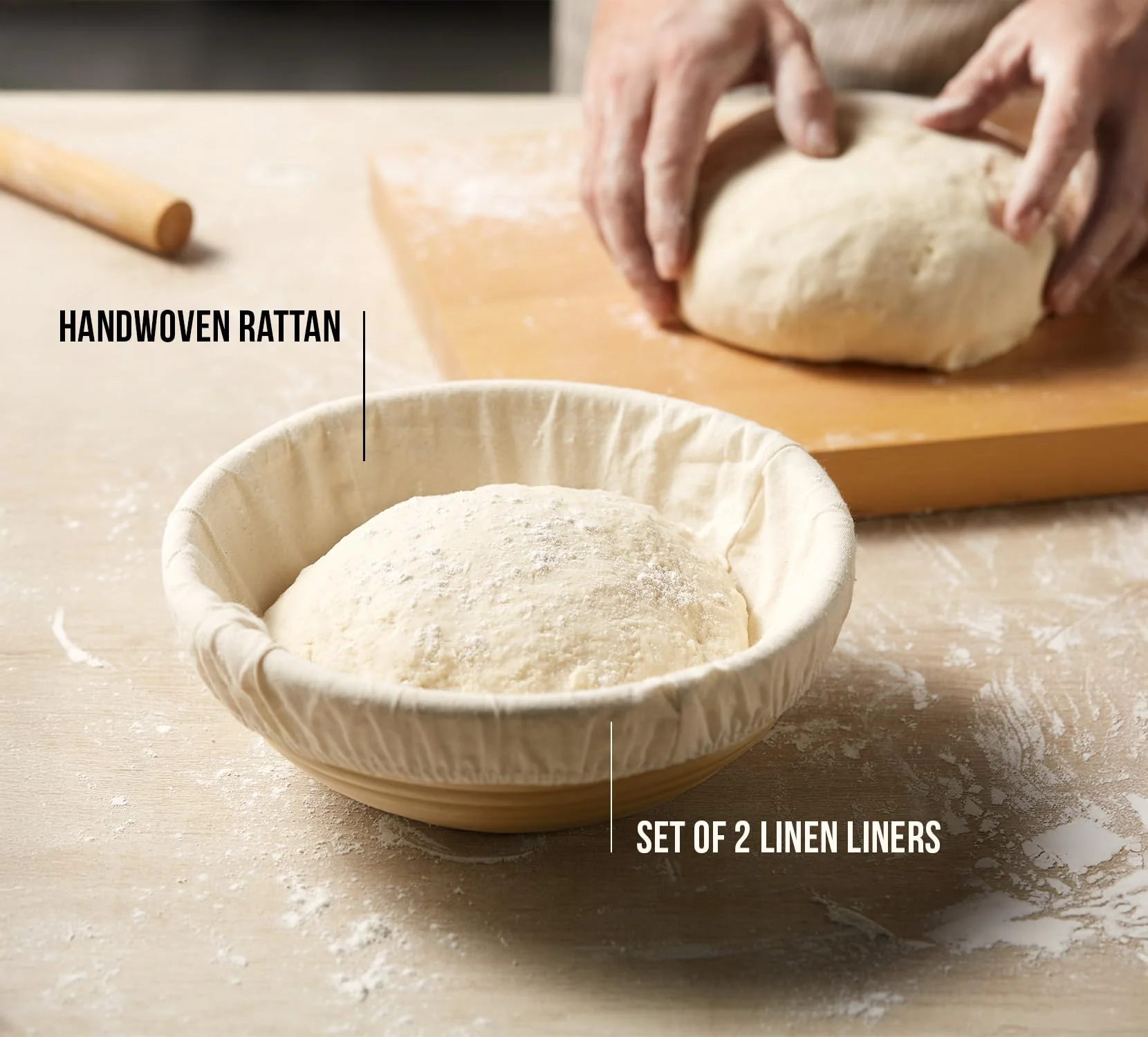 Banneton Bread Proofing Basket, Kook, Sourdough Proofing Bread Basket, Bread Banneton Proofing, Artisan Sourdough Making Baskets, 9 Inch Rattan Baskets and Cloth Liners, Set of 2, Round - Image 6