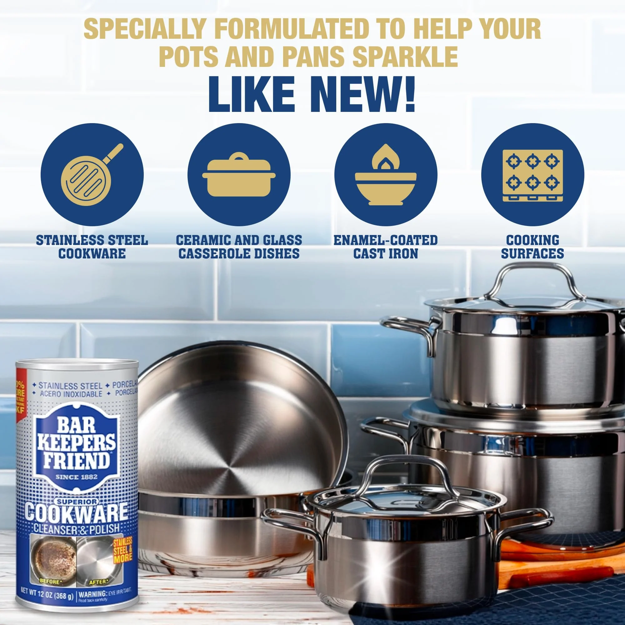 Bar Keepers Friend Cookware Cleanser & Polish (2 x 12 oz) Stainless Steel Cleaner & Degreaser for Pots, Pans, Bakeware & Grills - Removes Sticky Residue, Rust Stains & Lime Deposits - Image 6