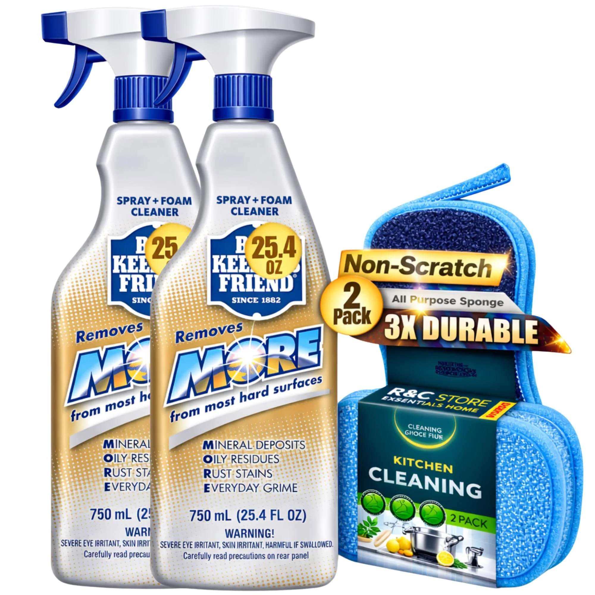 Bar-Keepers-Friend More Spray and Foam Cleaner 25.4oz (2Pack) + 2 Non-Scratch Scrub Sponges | Hard Water Stain Remover | Kitchen & Bathroom Cleaning Kit | By R&C Store