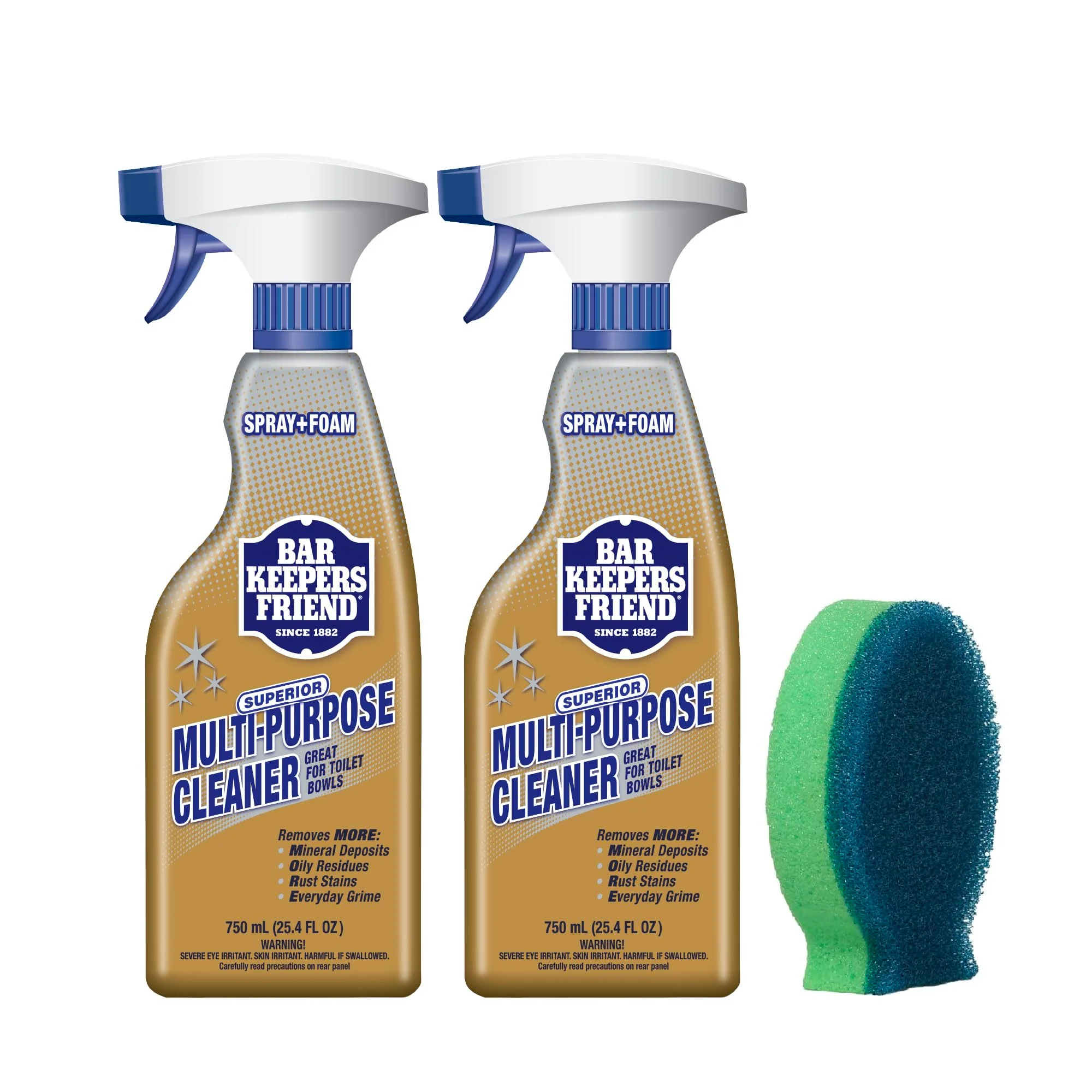 Bar Keepers Friend MORE Spray + Foam Multipurpose Cleaner (2 x 25.4 oz) & Dish Fish Dual Sponge for Bathroom, Kitchen & Outdoor Use on Stainless Steel, Aluminum, Brass, Tile, Ceramic, Porcelain & More