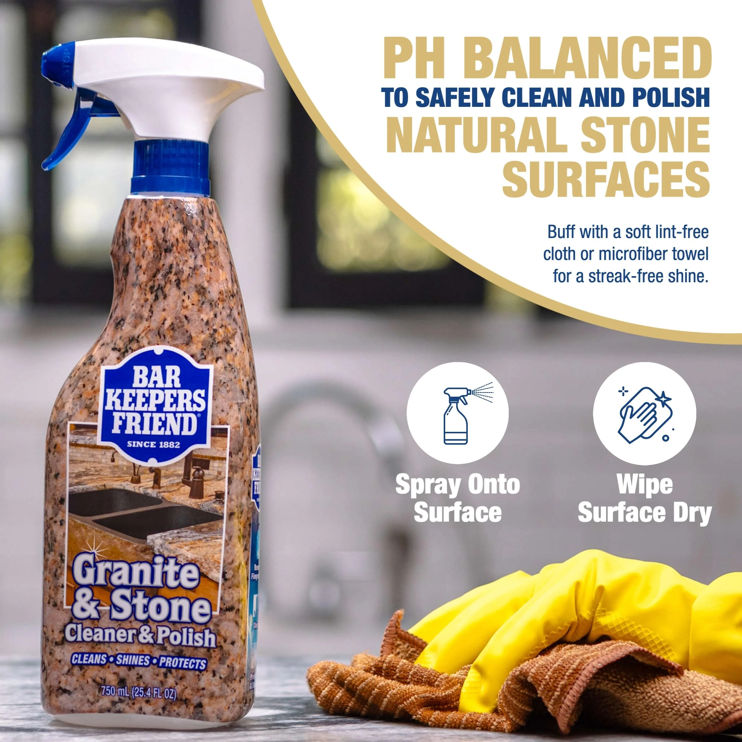 Bar Keepers Friend Stone & Granite Cleaner and Polish (25.4 oz) Plus 1 Microfiber Cloth, 2pc Cleaning Kit, Multi Surface Cleaner for Use on Natural, Manufactured & Polished Stone Countertops - Image 5