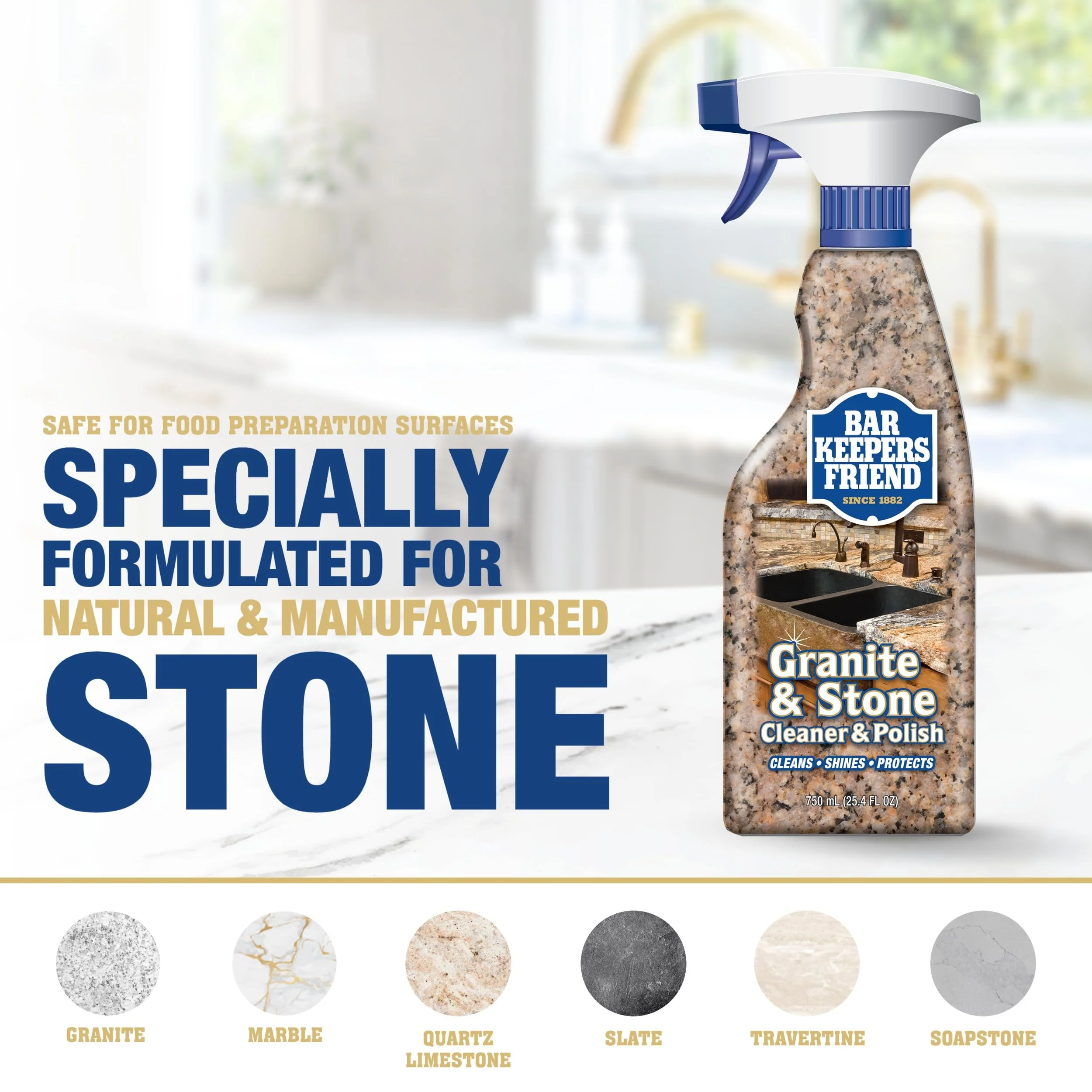 Bar Keepers Friend Stone & Granite Cleaner and Polish (25.4 oz) Plus 1 Microfiber Cloth, 2pc Cleaning Kit, Multi Surface Cleaner for Use on Natural, Manufactured & Polished Stone Countertops - Image 6