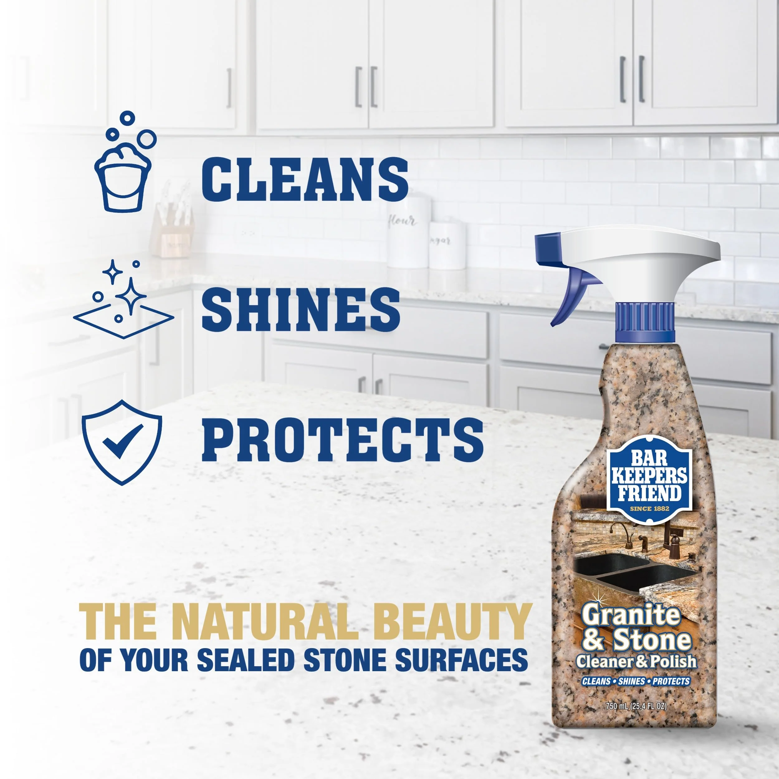 Bar Keepers Friend Stone & Granite Cleaner and Polish (25.4 oz) Plus 1 Microfiber Cloth, 2pc Cleaning Kit, Multi Surface Cleaner for Use on Natural, Manufactured & Polished Stone Countertops - Image 9