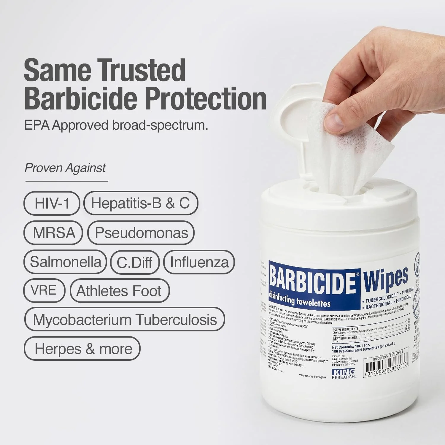 BARBICIDE Professional Disinfecting Wipes - 2 Pack (160 Count Each) – 2-Minute Hospital-Grade Kill Time, EPA-Registered Surface Wipes – Bactericidal, Virucidal & Tuberculocidal - Image 5