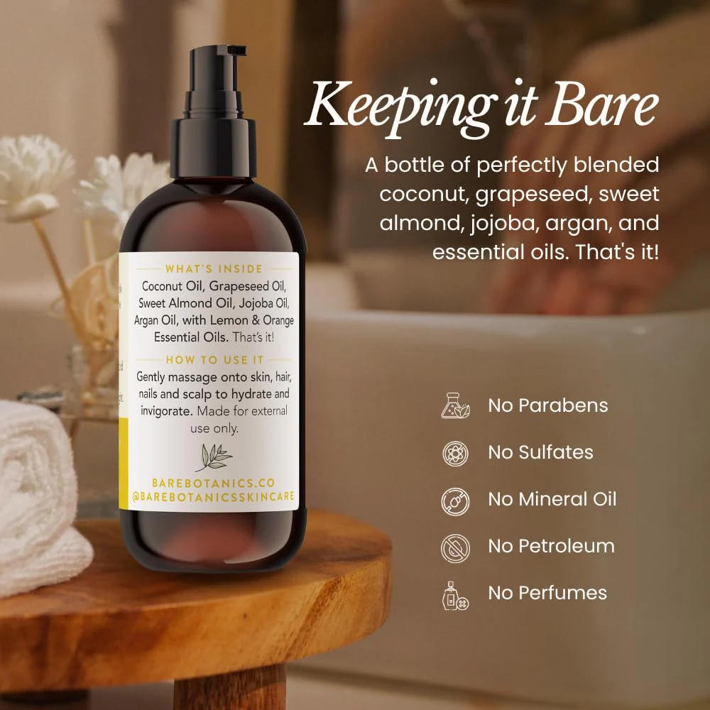 BARE BOTANICS 8 oz Moisturizing Lemon Orange Body Oil - 100% Pure & Natural for Skin & Nails - Perfect for Moisturization - Vegan, Cruelty Free & Naturally Scented Hair Oil - Image 6