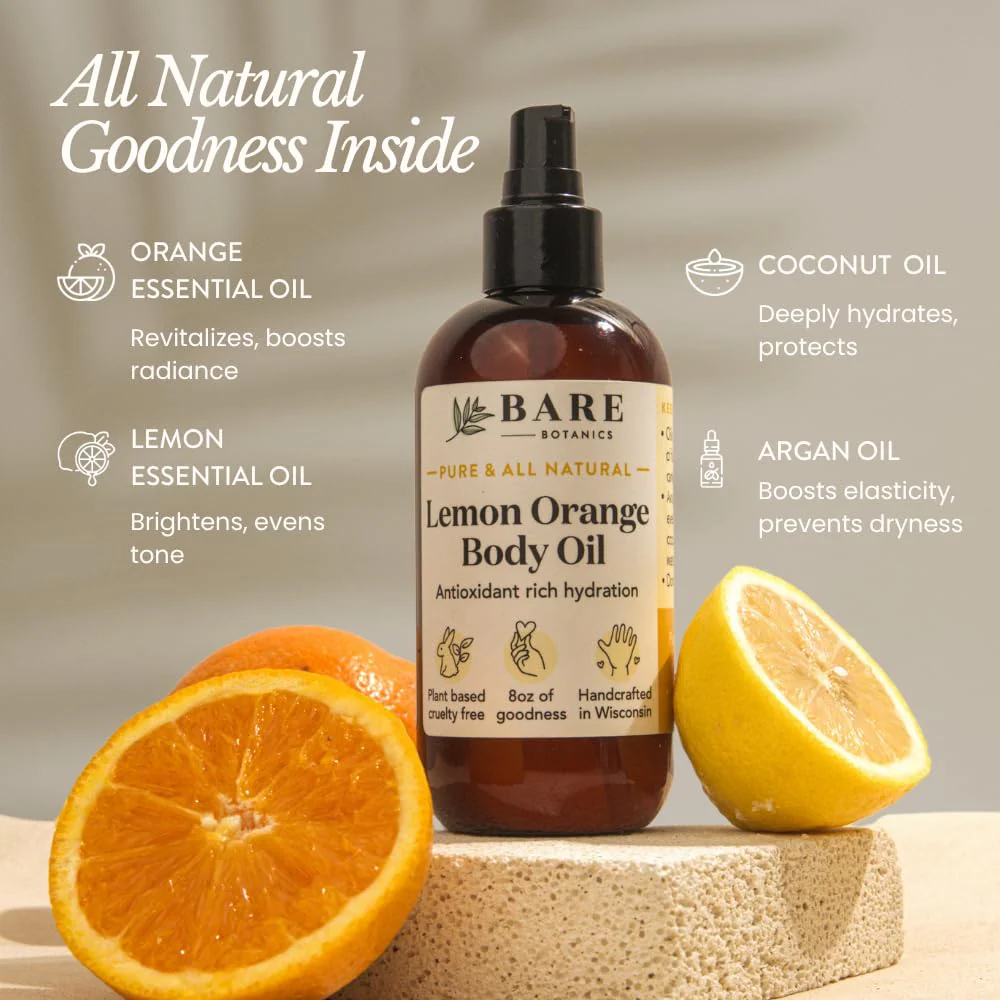 BARE BOTANICS 8 oz Moisturizing Lemon Orange Body Oil - 100% Pure & Natural for Skin & Nails - Perfect for Moisturization - Vegan, Cruelty Free & Naturally Scented Hair Oil - Image 8