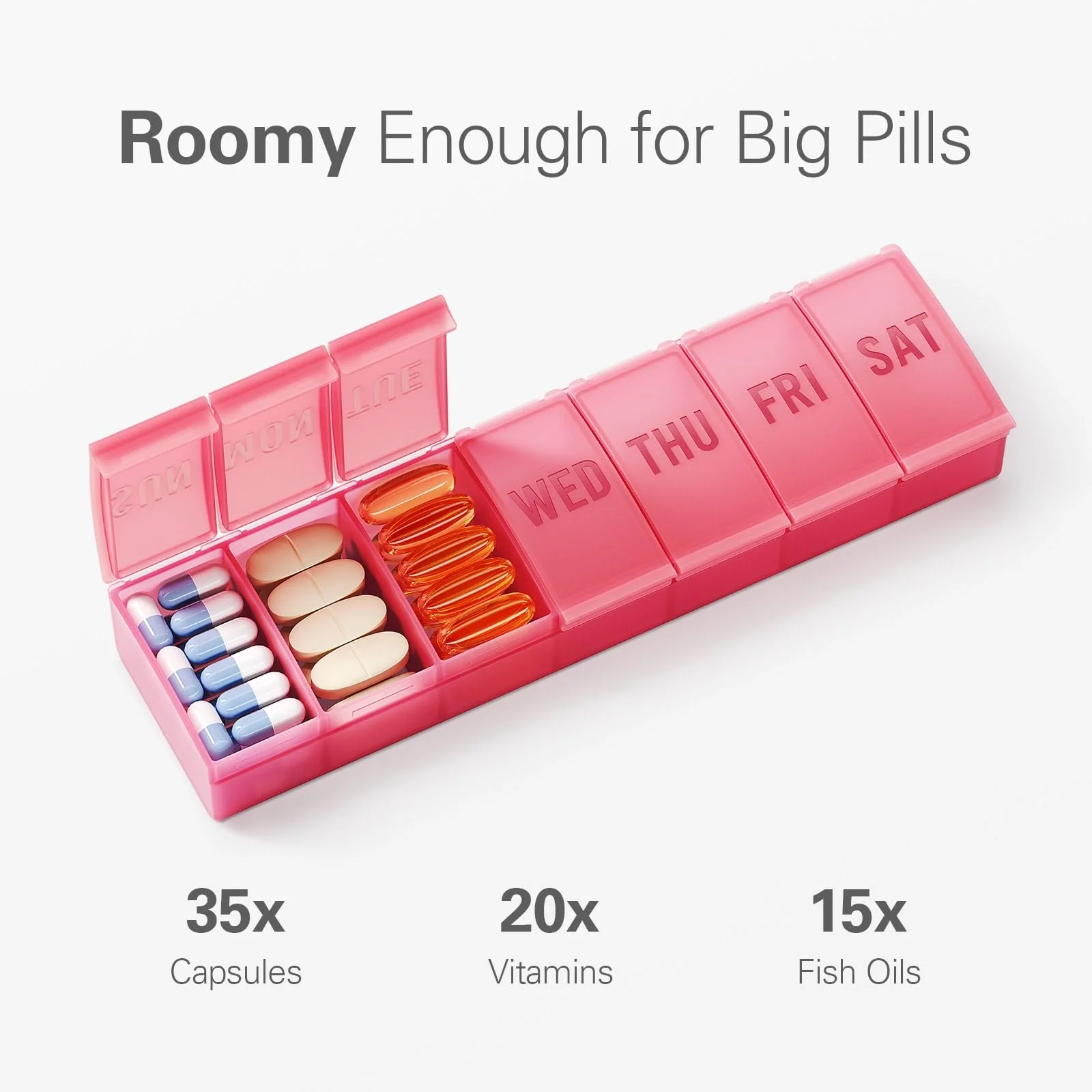 Barhon Pill Organizer Large, Weekly Medicine Pill Organizers, 7 Day Pills Box Case Travel for Big Vitamin Supplements Fish Oil, Red - Image 2