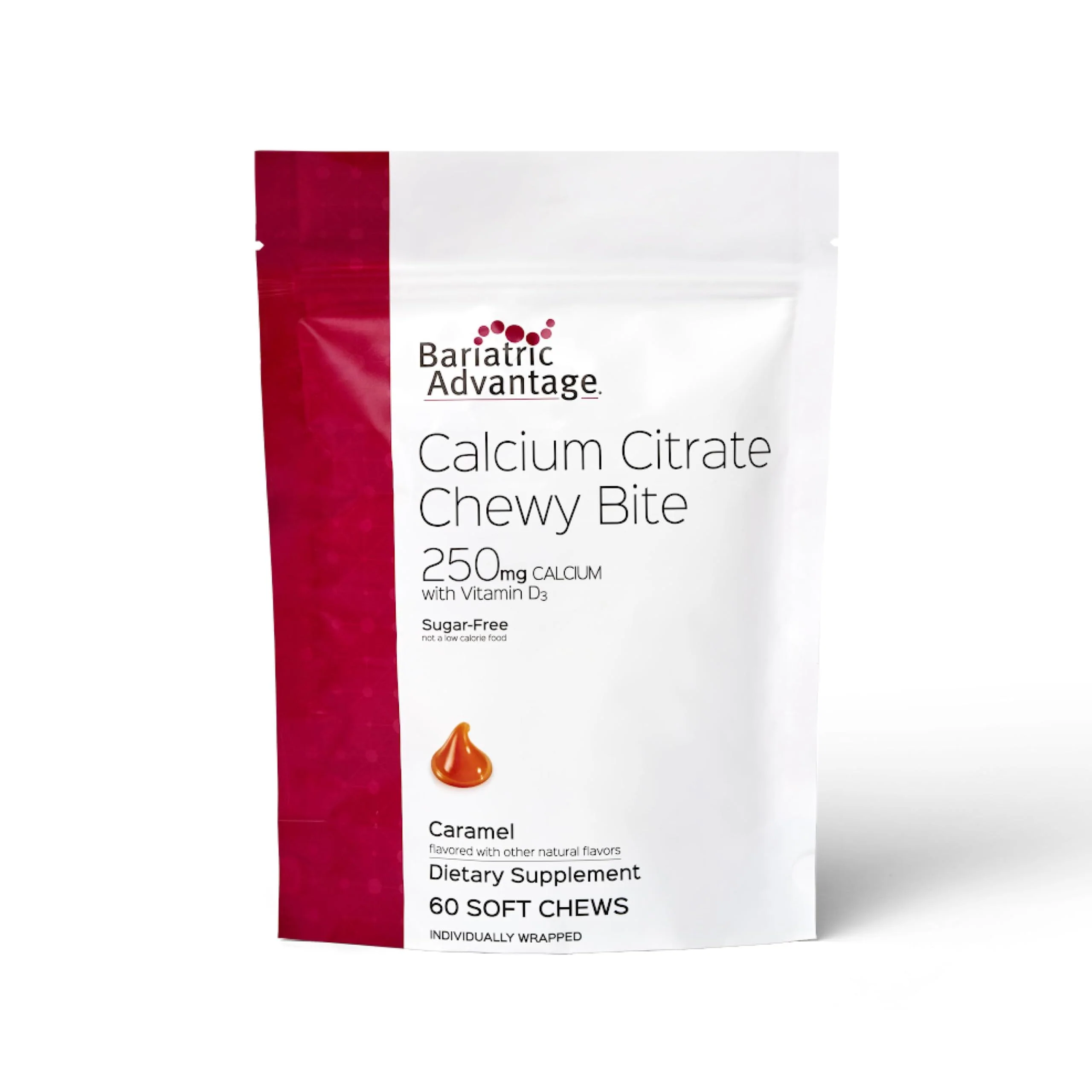 Bariatric Advantage Calcium Citrate Chewy Bites 250 mg with Vitamin D3 - Chewable Supplement for Bariatric Surgery Patients - Sugar-Free Calcium Chews - Caramel Flavor - 60 Count