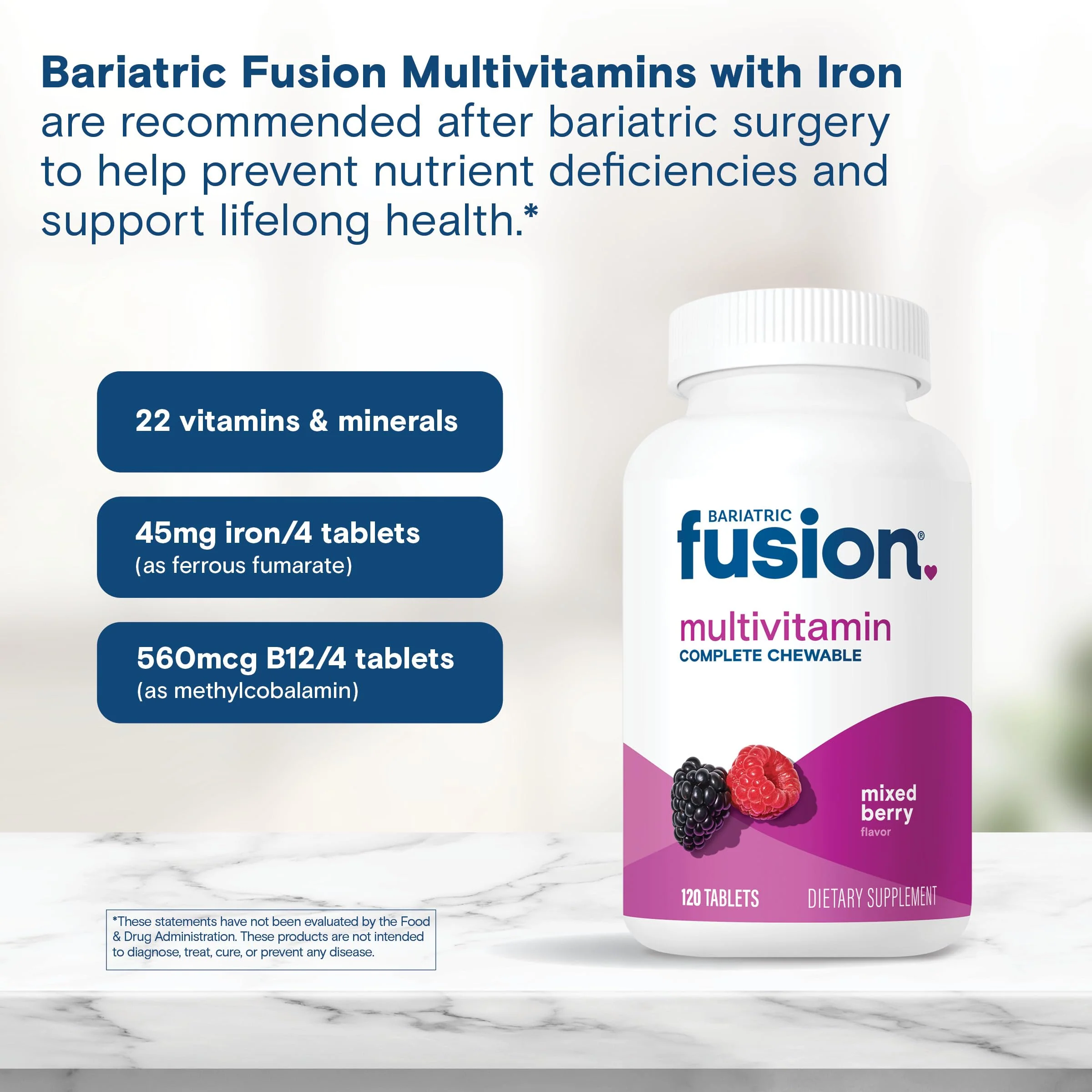Bariatric Fusion Bariatric Multivitamin with Iron Complete Chewable | Mixed Berry | Post Bariatric Vitamins for Gastric Bypass and Sleeve Gastrectomy | One Month Supply - Image 6