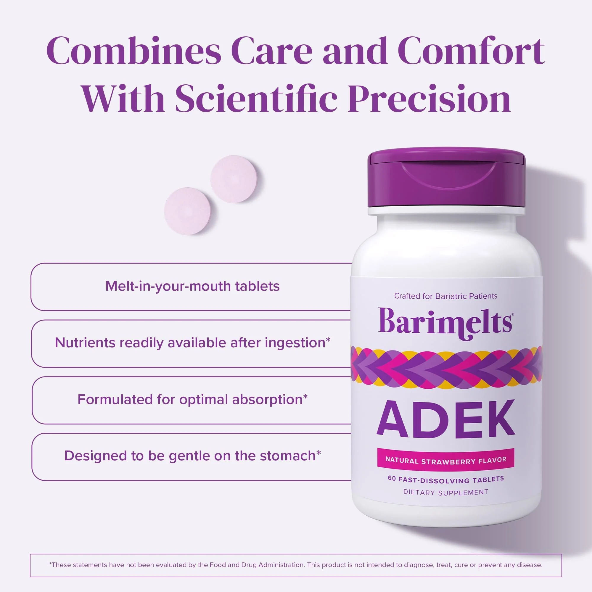 Barimelts ADEK - 60 Fast-Dissolving Tablets (2-Month Supply) - Sugar-Free Bariatric Vitamins for Women Including Vitamin A, Vitamin D, Vitamin E & Vitamin K, Natural Strawberry Flavor - Image 5